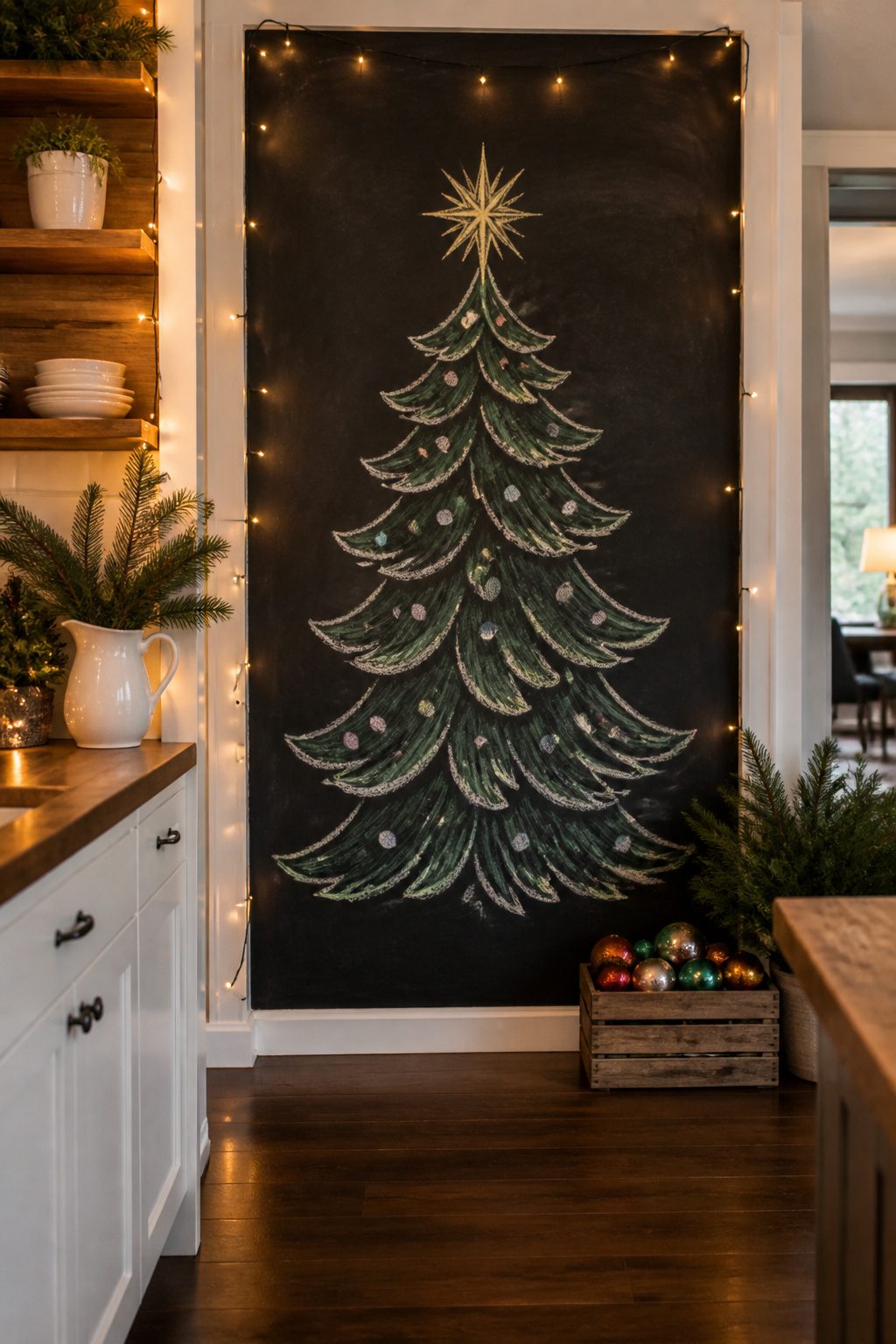 Christmas Chalkboard Doodles: 23 Festive Drawing Ideas for 2026 20 A Christmas tree with ornaments drawn on a chalkboard.