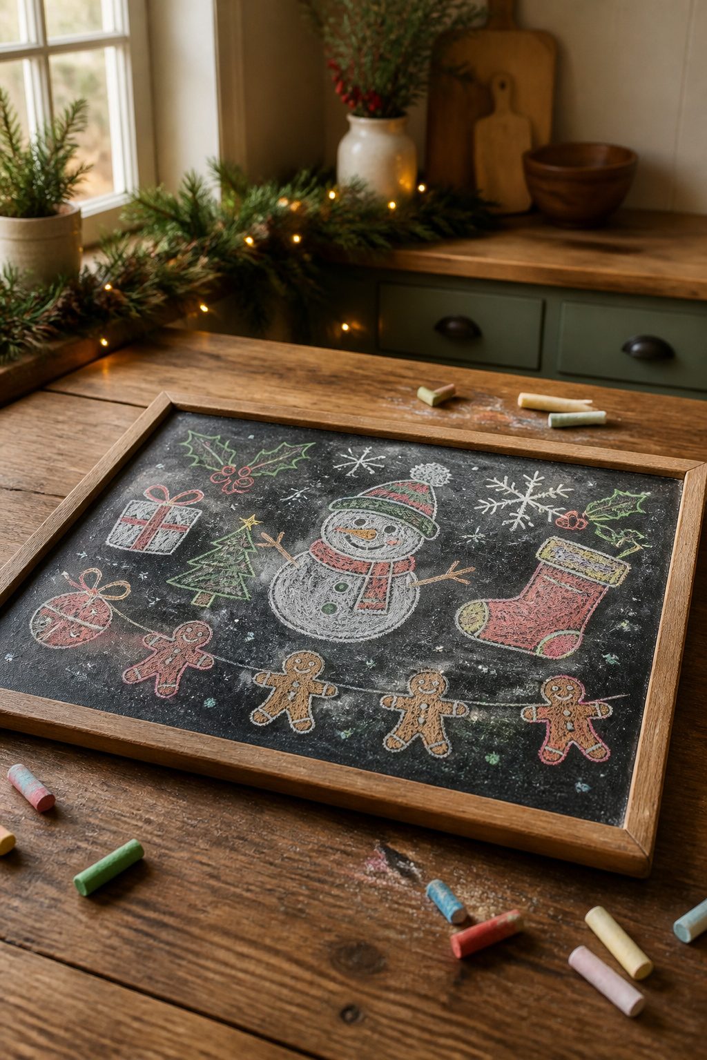 Christmas Chalkboard Doodles: 23 Festive Drawing Ideas for 2026 26 A chalkboard covered in holiday-themed doodles and chalk pieces.