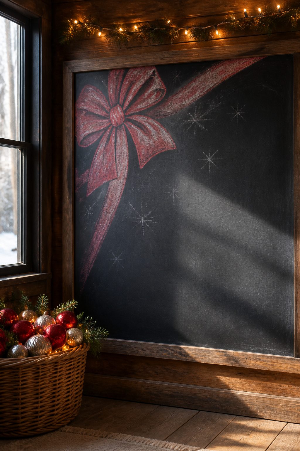 Christmas Chalkboard Doodles: 23 Festive Drawing Ideas for 2026 4 A red ribbon bow drawn in chalk, accented by faint holiday stars.