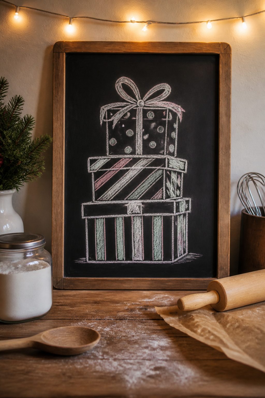 Christmas Chalkboard Doodles: 23 Festive Drawing Ideas for 2026 5 Three gift boxes with stripes and polka dots illustrated on a chalkboard.