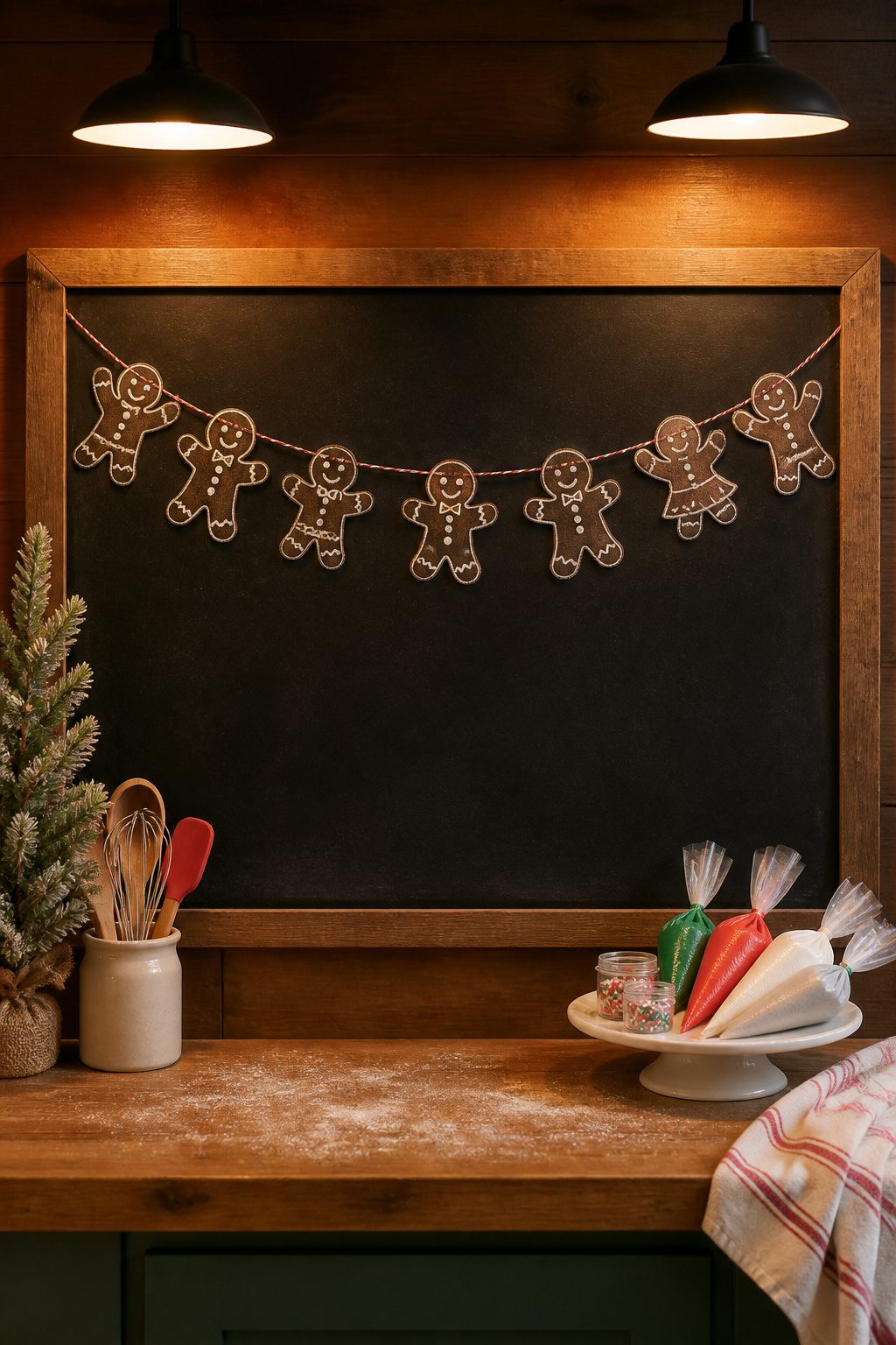 Christmas Chalkboard Doodles: 23 Festive Drawing Ideas for 2026 22 Gingerbread figures hanging in a garland on a chalkboard.