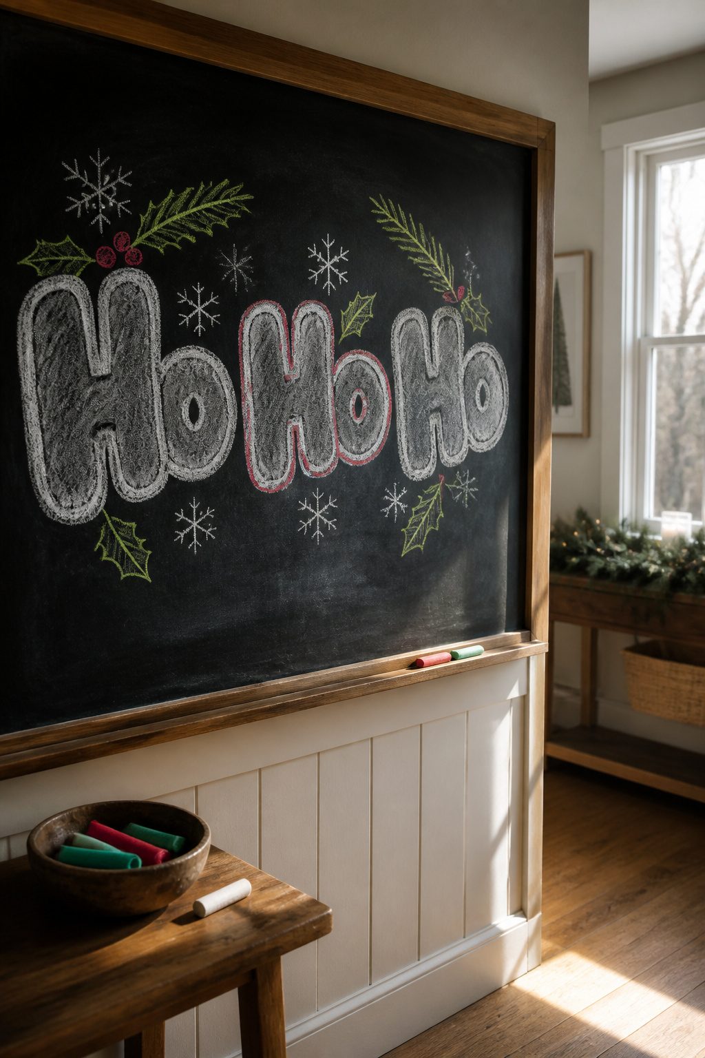 Christmas Chalkboard Doodles: 23 Festive Drawing Ideas for 2026 11 The words 'Ho Ho Ho' drawn in chunky letters on a chalkboard.
