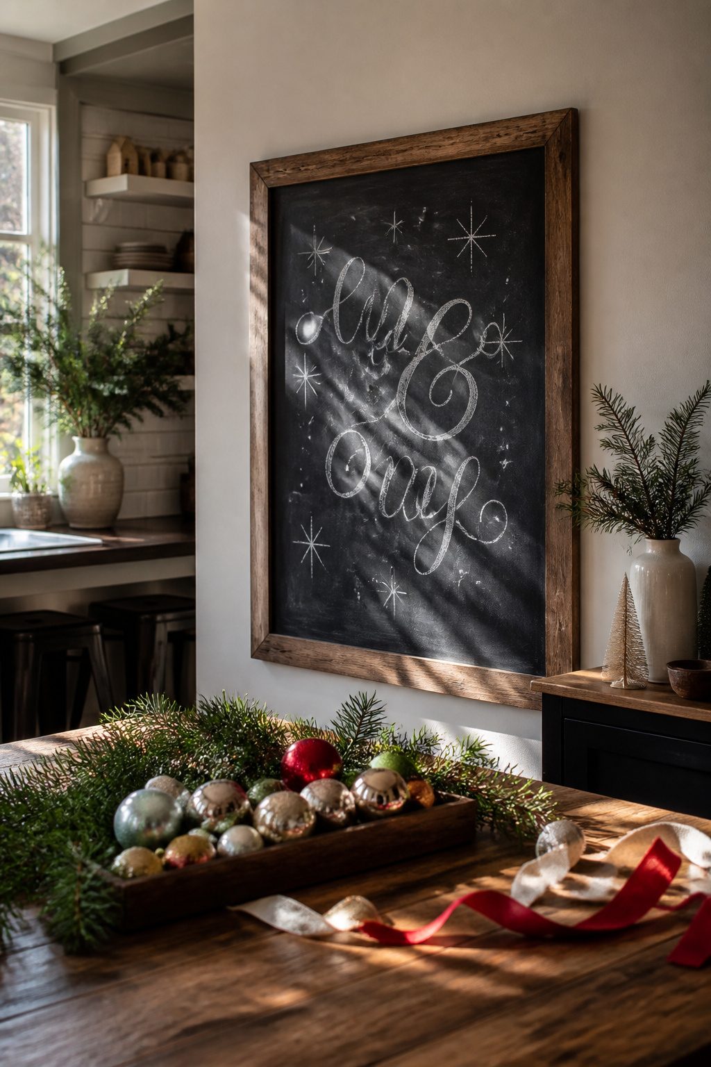 Christmas Chalkboard Doodles: 23 Festive Drawing Ideas for 2026 18 The words 'Merry & Bright' with stars drawn around them on a chalkboard.