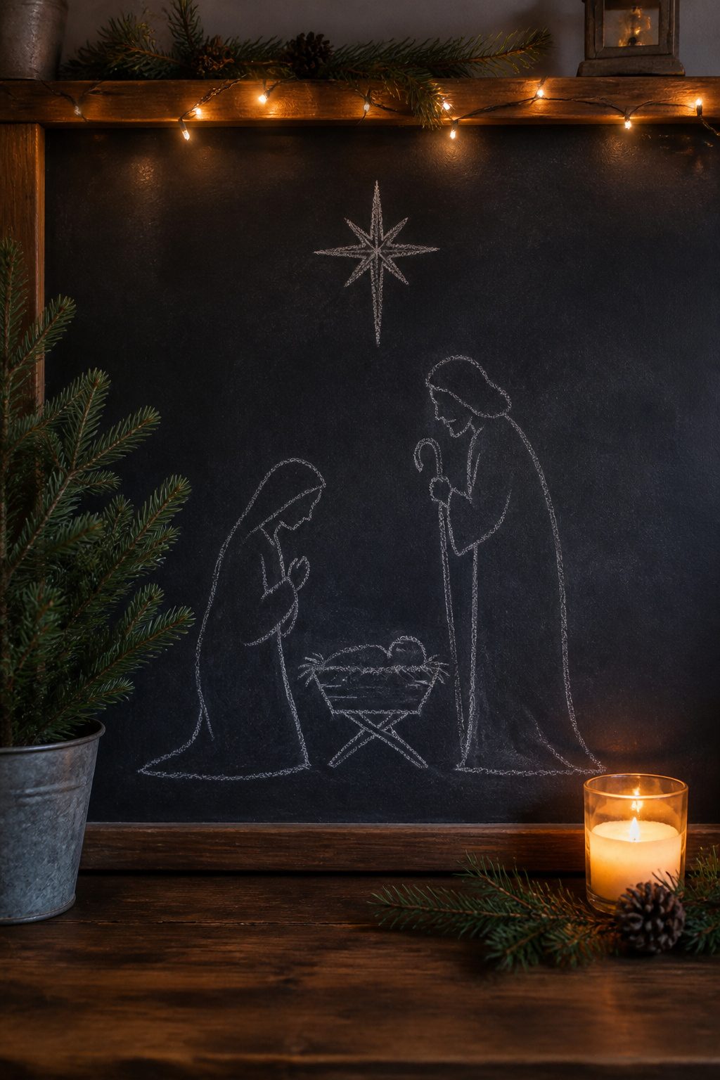 Christmas Chalkboard Doodles: 23 Festive Drawing Ideas for 2026 9 Silhouettes of Mary and Joseph beside a manger on a chalkboard.