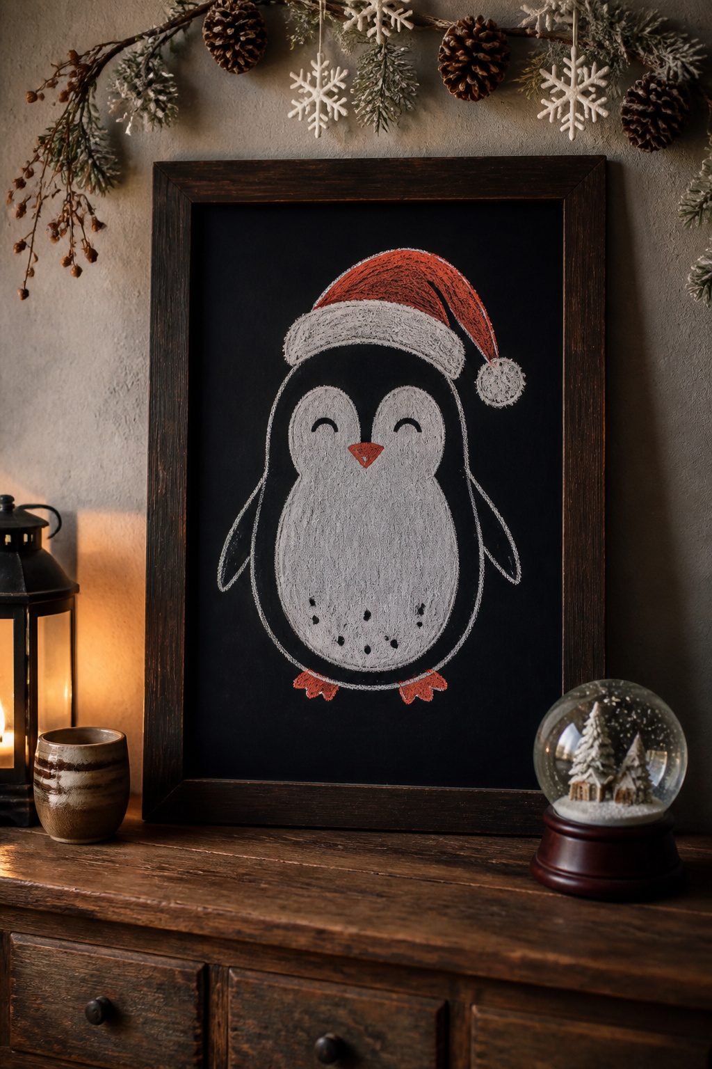 Christmas Chalkboard Doodles: 23 Festive Drawing Ideas for 2026 15 A penguin wearing a Santa hat drawn on a chalkboard.