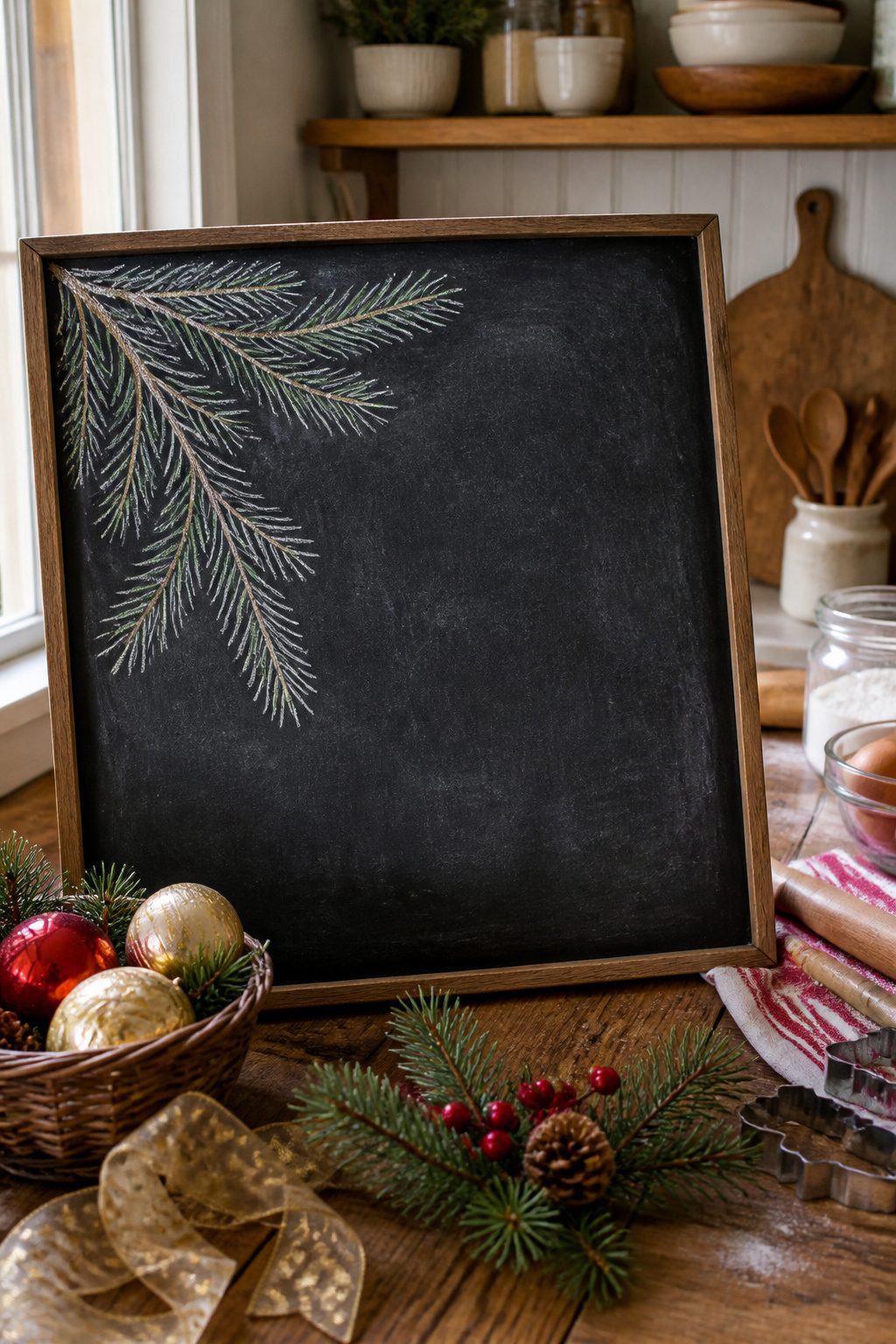 Christmas Chalkboard Doodles: 23 Festive Drawing Ideas for 2026 14 A pine branch with needles drawn in white and pale green chalk.