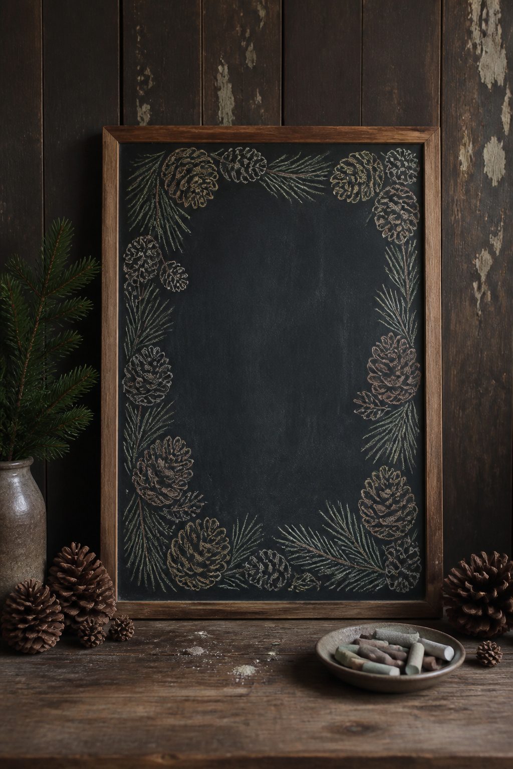 Christmas Chalkboard Doodles: 23 Festive Drawing Ideas for 2026 10 Overlapping pinecones and needles create a border on a chalkboard.