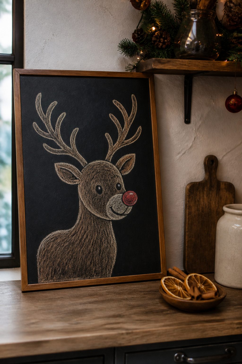 Christmas Chalkboard Doodles: 23 Festive Drawing Ideas for 2026 23 A reindeer with antlers drawn on a chalkboard.