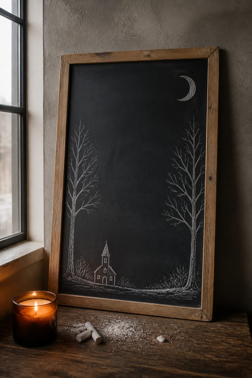 Christmas Chalkboard Doodles: 23 Festive Drawing Ideas for 2026 21 A crescent moon and two trees drawn on a chalkboard.