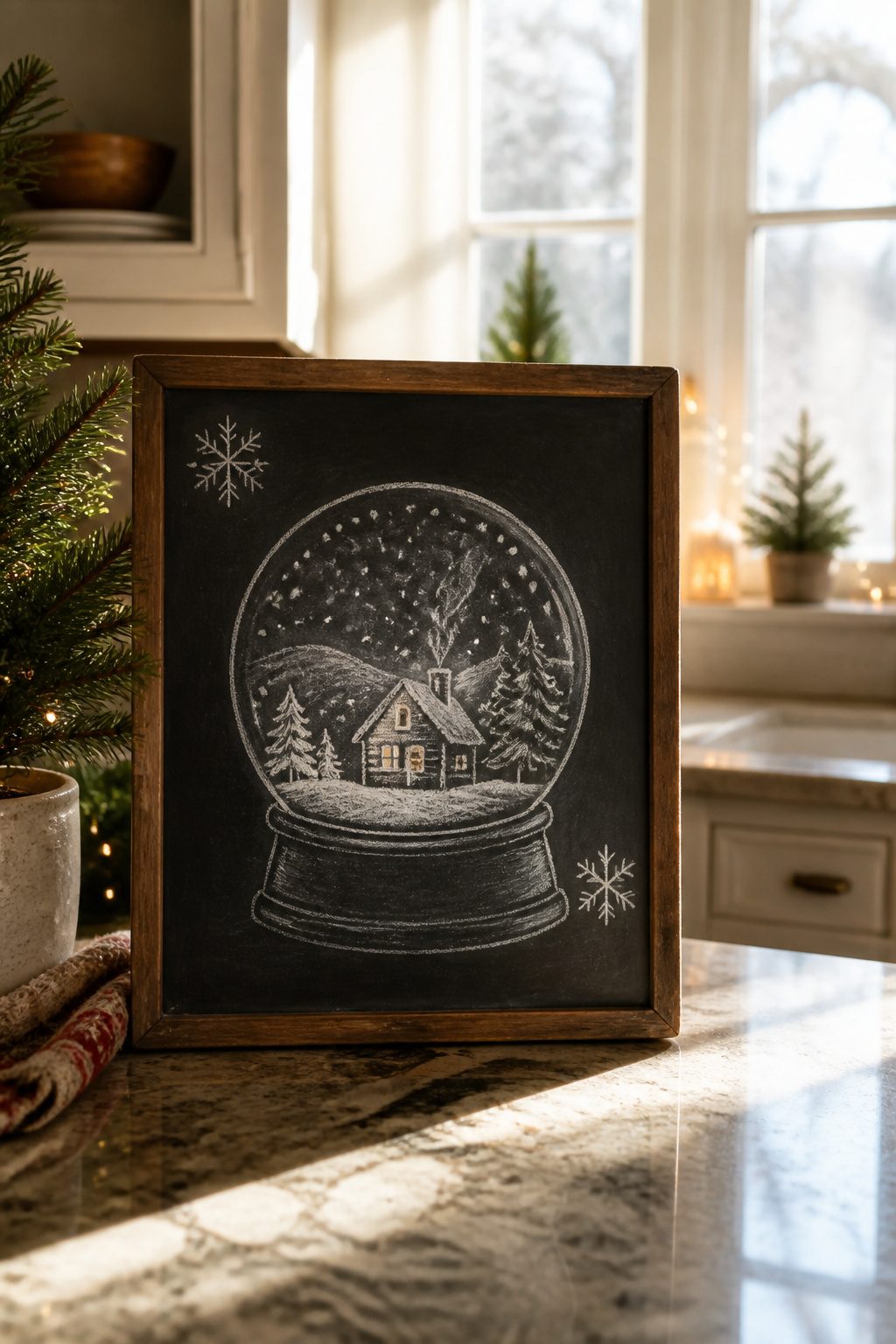 Christmas Chalkboard Doodles: 23 Festive Drawing Ideas for 2026 19 A snow globe with hills, trees, and a cottage drawn on a chalkboard.