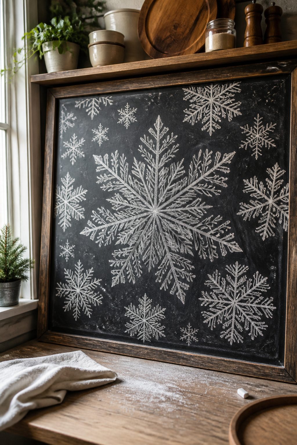 Christmas Chalkboard Doodles: 23 Festive Drawing Ideas for 2026 1 A large snowflake surrounded by smaller snowflakes on a chalkboard.