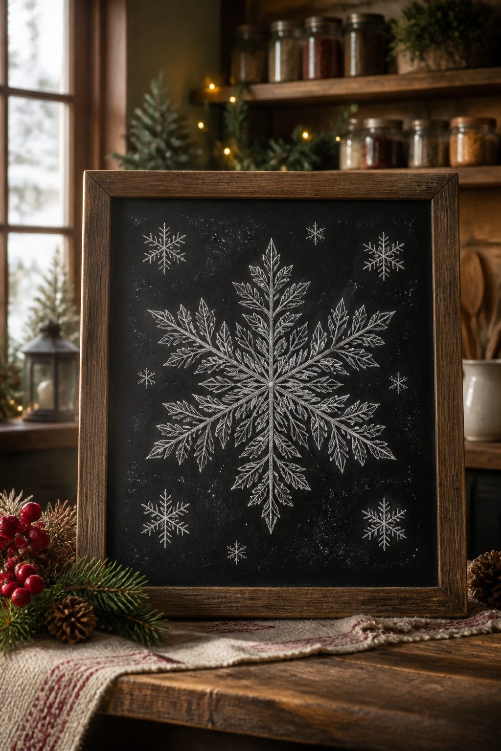 Christmas Chalkboard Doodles: 23 Festive Drawing Ideas for 2026 3 A large, detailed snowflake drawn in white chalk on a blackboard.