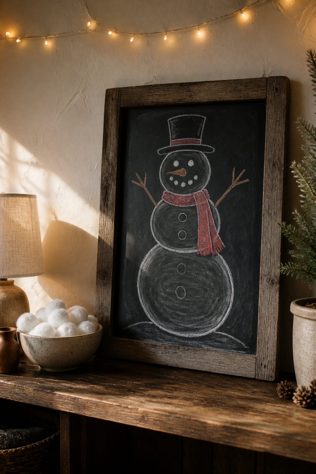 Christmas Chalkboard Doodles: 23 Festive Drawing Ideas for 2026 7 A snowman with a red scarf and coal buttons drawn on a chalkboard.