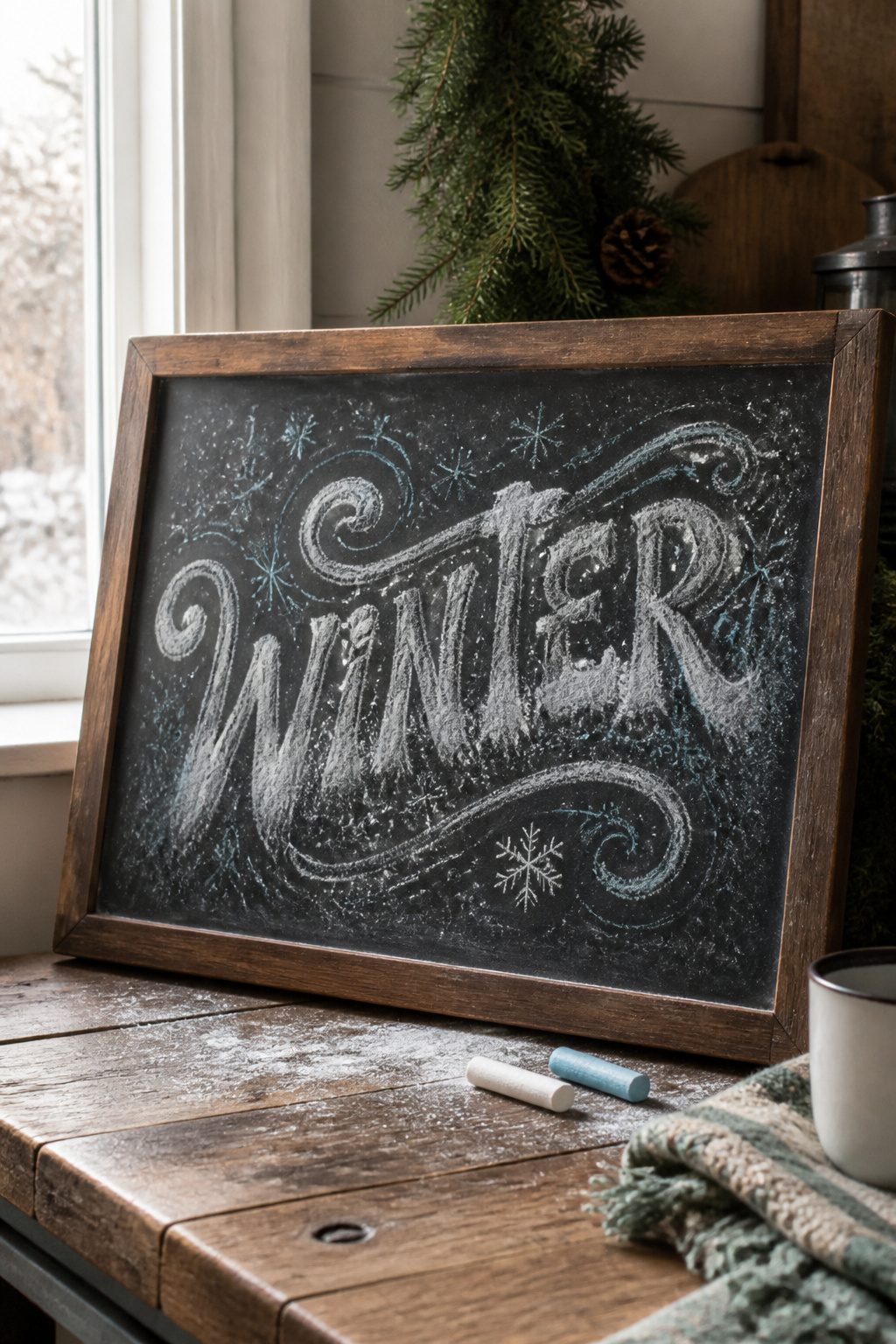 Christmas Chalkboard Doodles: 23 Festive Drawing Ideas for 2026 6 The word 'WINTER' drawn on a chalkboard, designed to look snowy.