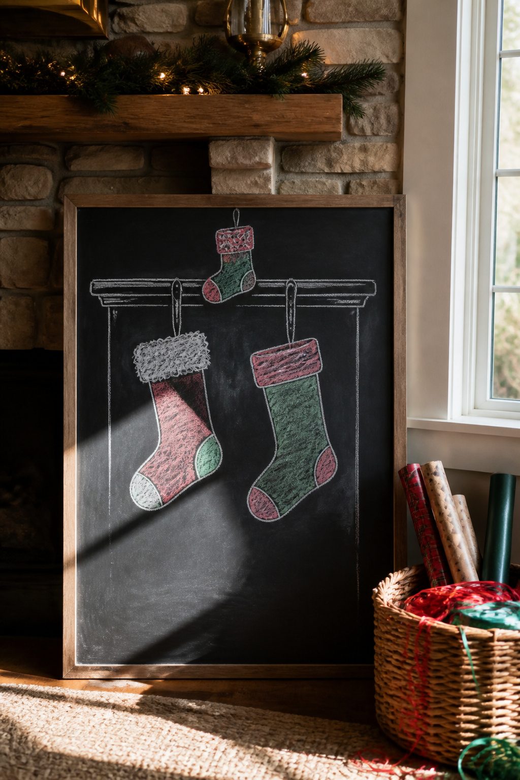 Christmas Chalkboard Doodles: 23 Festive Drawing Ideas for 2026 8 Three Christmas stockings of different sizes hanging on a chalkboard.