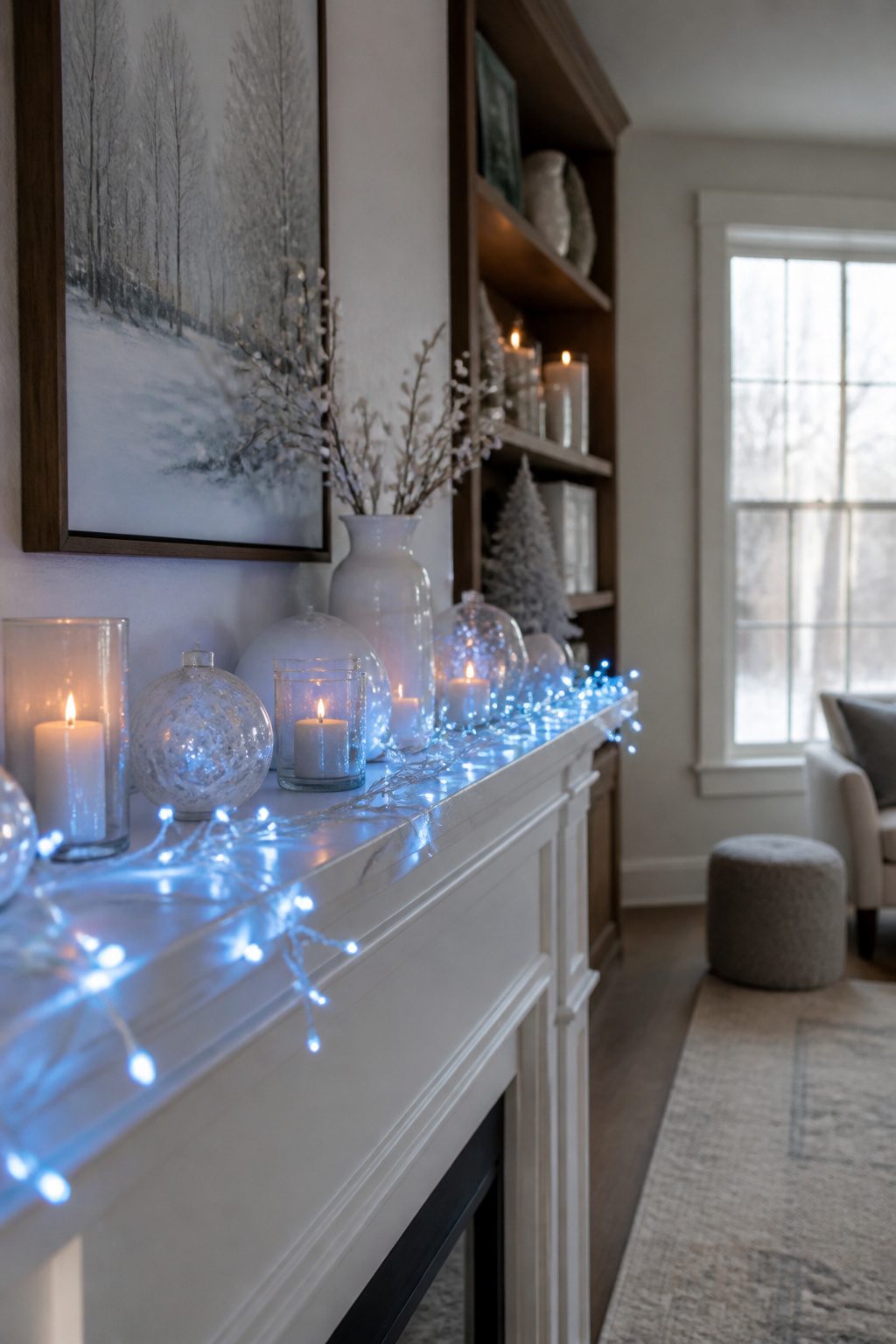 Christmas Fairy Lights | LED Colours & String Light Ideas for 2026 5 Blue LED lights on silver wire decorate a white mantel with glass candles.