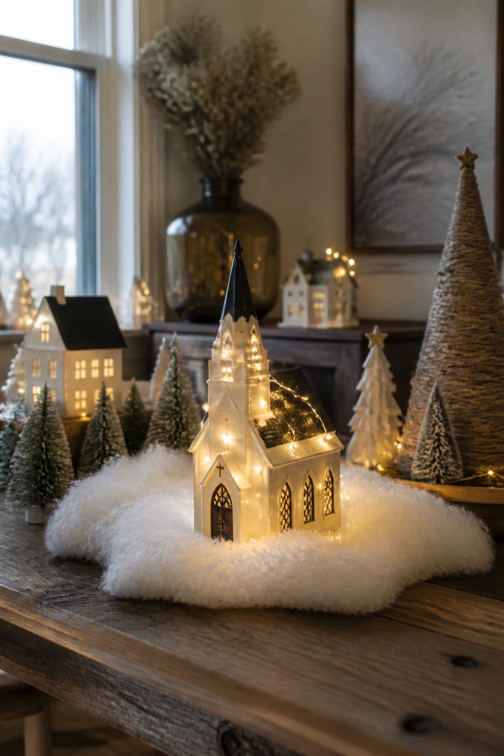 Christmas Fairy Lights | LED Colours & String Light Ideas for 2026 3 Clear white LED lights wrap around a ceramic church on a rustic table.