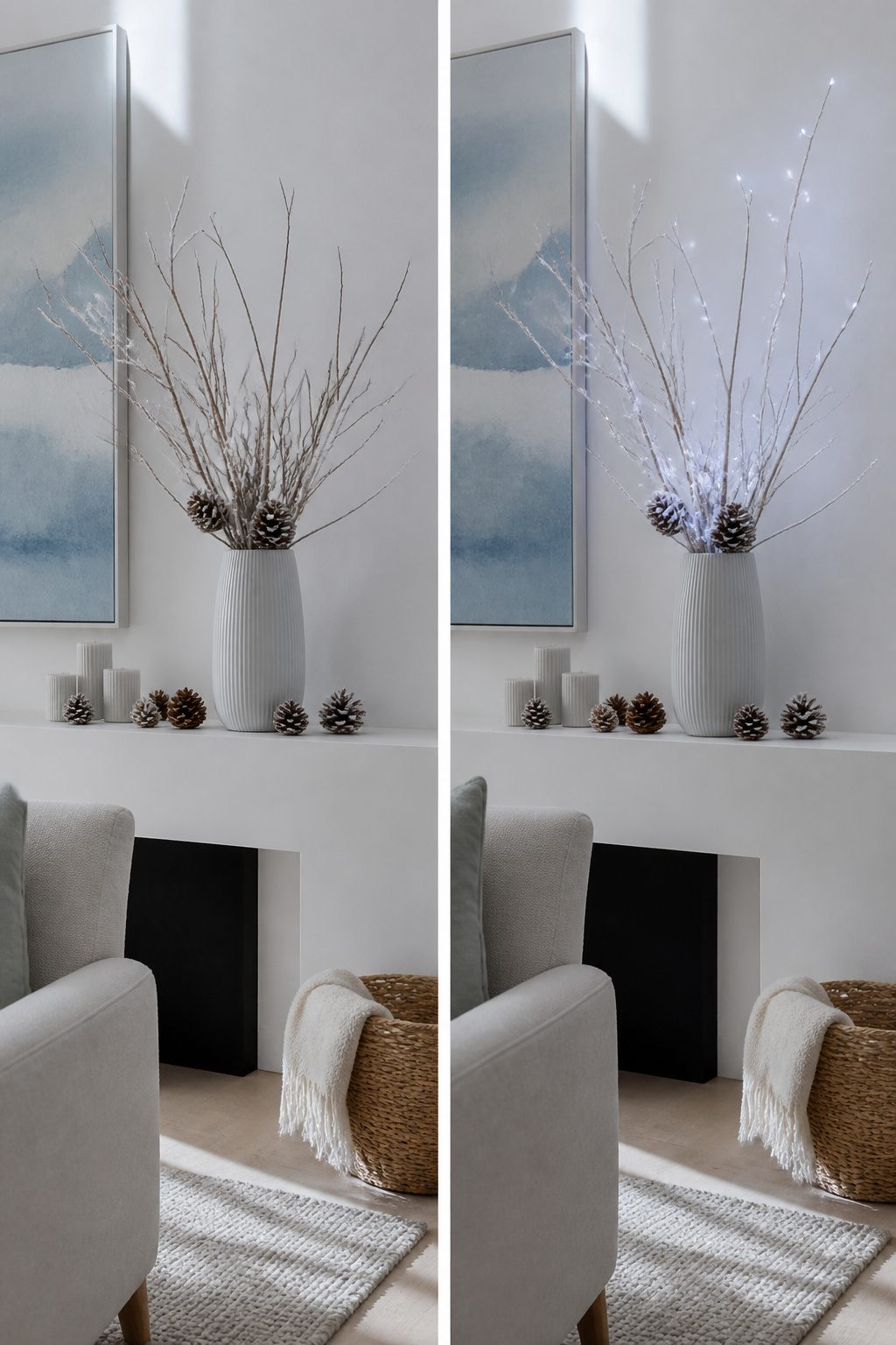 Christmas Fairy Lights | LED Colours & String Light Ideas for 2026 2 Cool white LED lights on silver wire illuminate a simple mantel with decor.