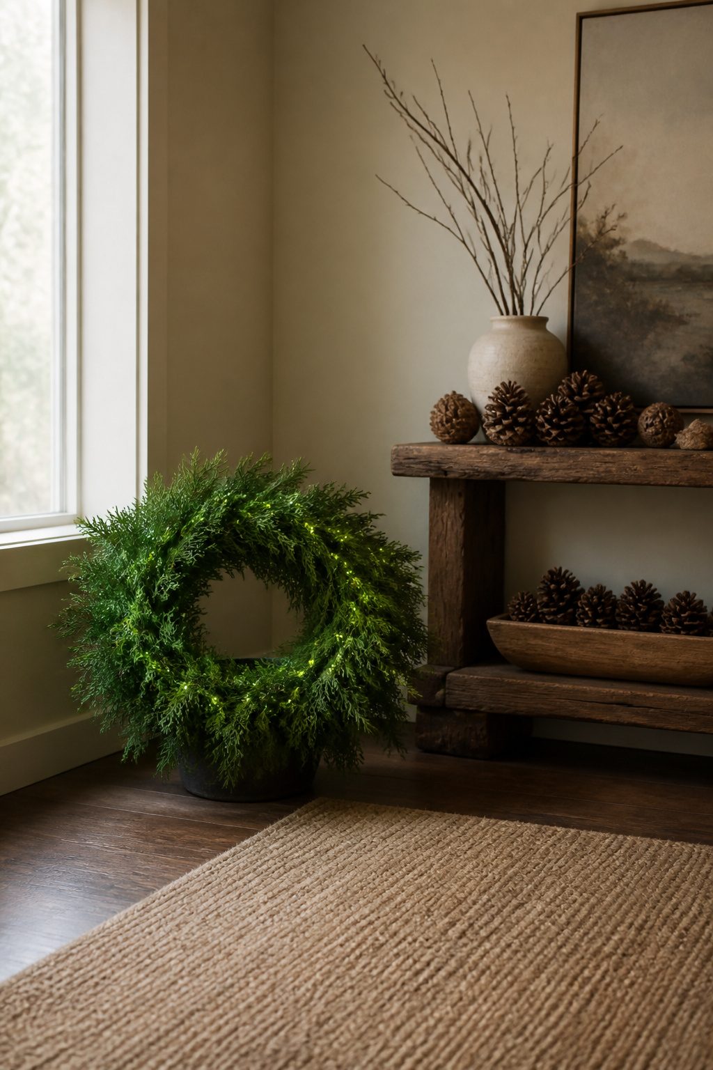 Christmas Fairy Lights | LED Colours & String Light Ideas for 2026 7 Green LED lights on green wire are arranged among pine garlands.