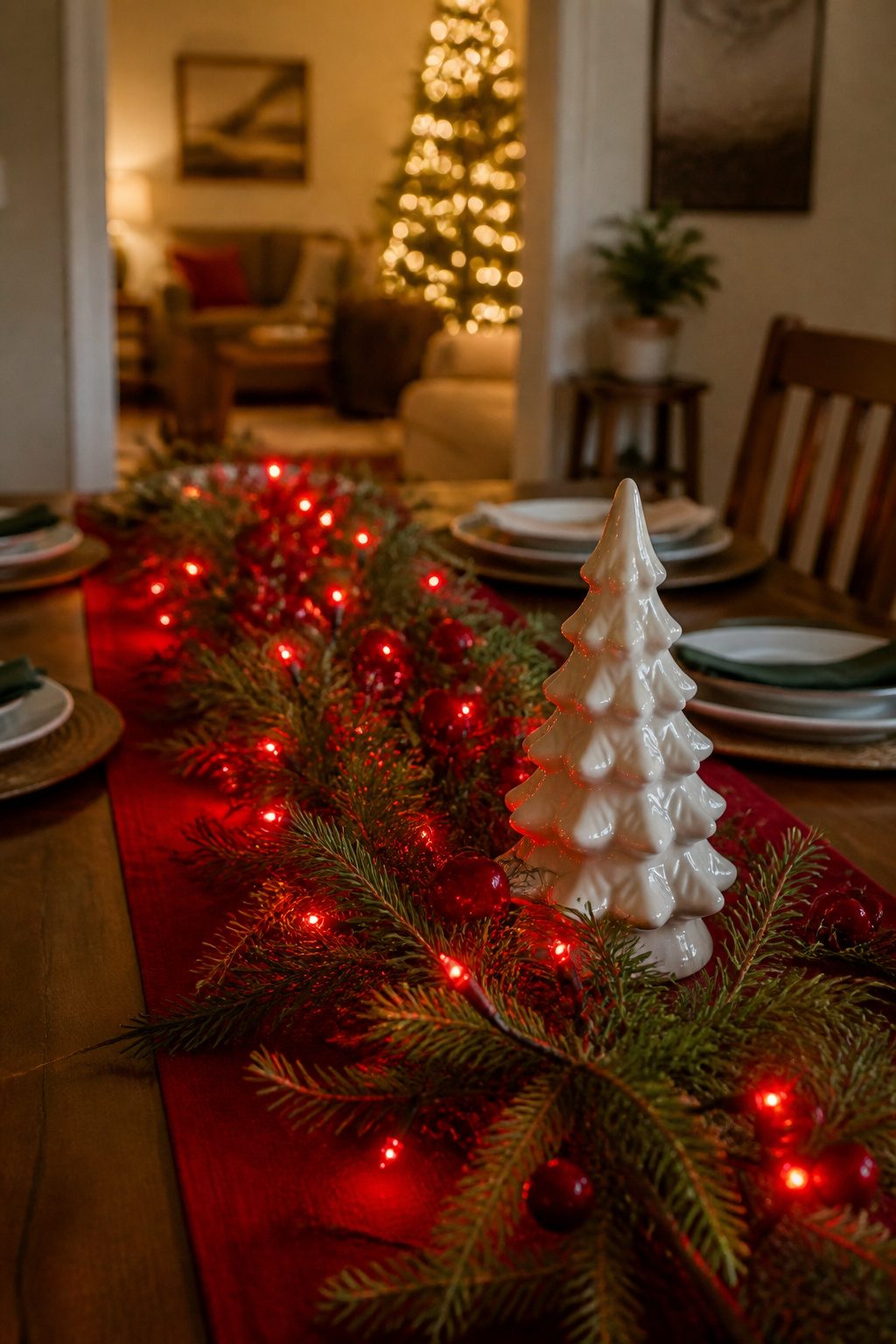 Christmas Fairy Lights | LED Colours & String Light Ideas for 2026 6 Red LED lights on silver wire enhance a green garland on a dining table.