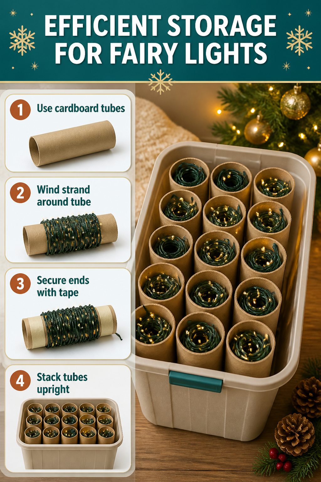 Christmas Fairy Lights | LED Colours & String Light Ideas for 2026 9 Cardboard tubes hold neatly wound fairy lights for storage.