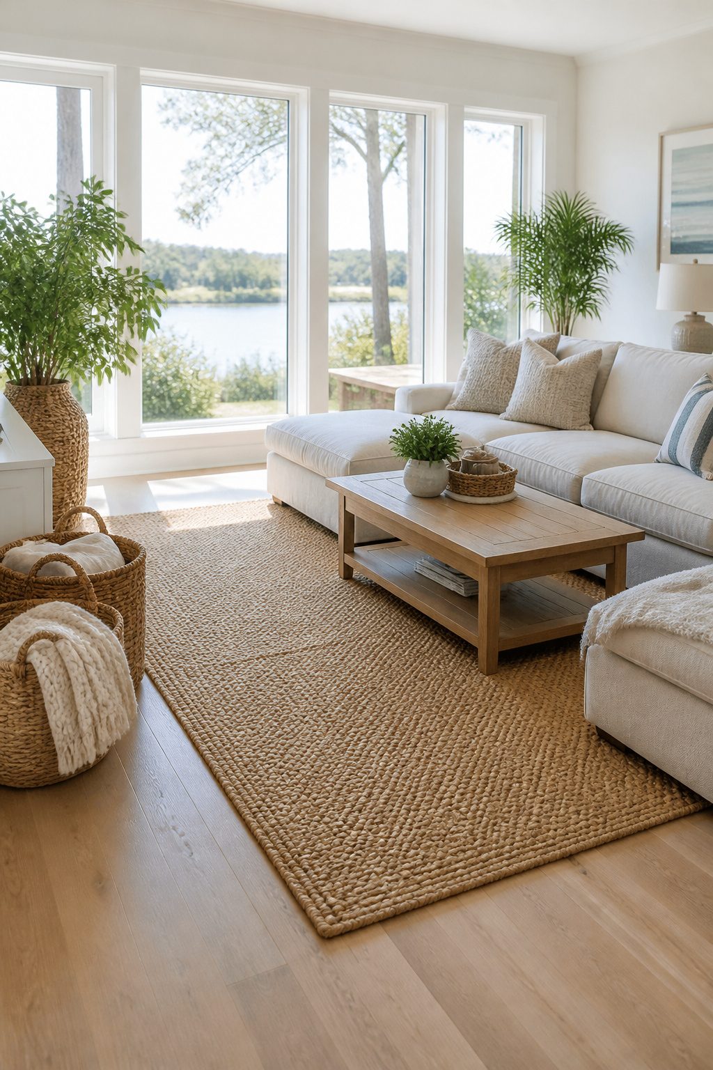 10 Coastal Decorating Ideas for Light, Airy Rooms in 2026 4 A living room with a seagrass rug and light neutral furniture.
