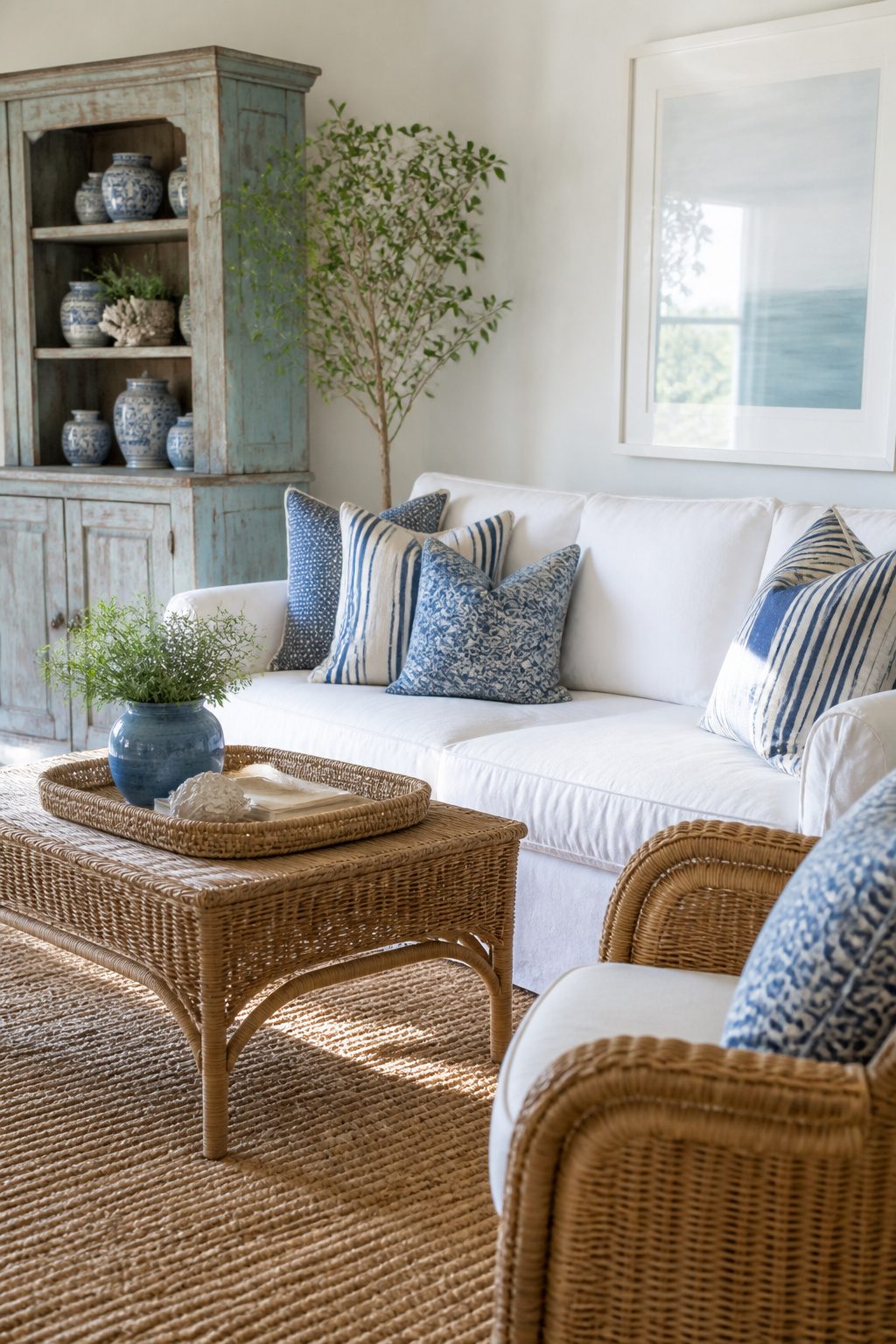 12 Cozy Beach Cottage Decor Ideas for a Relaxed Coastal Home 7 Decorative ceramics and throw pillows in blue and white.