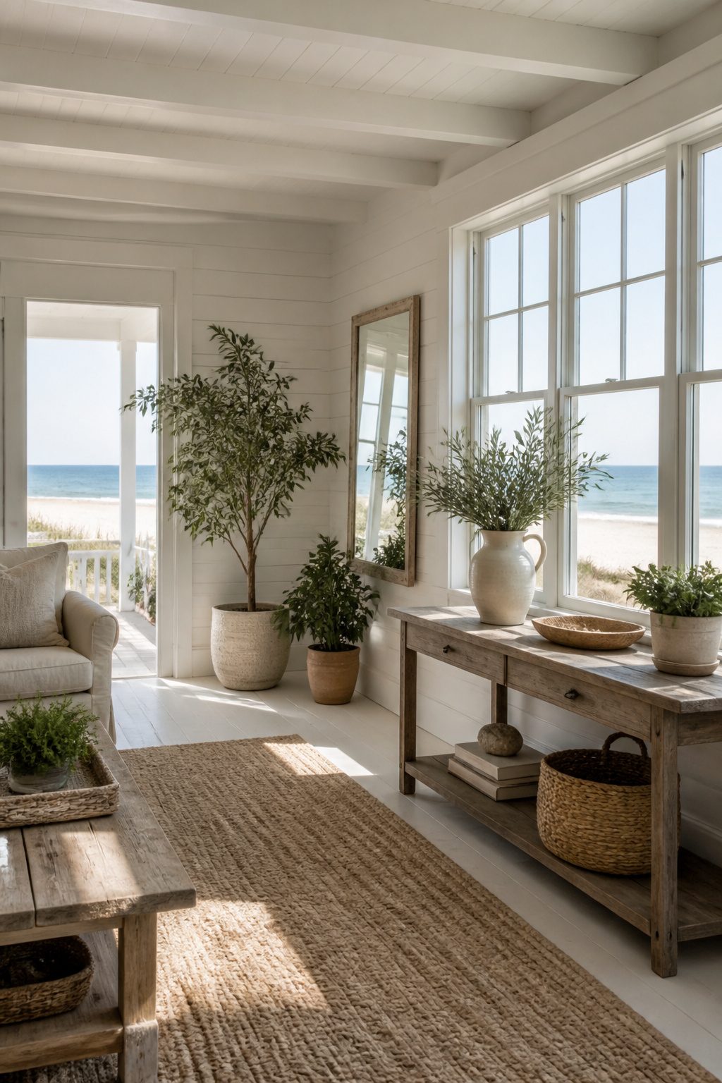 12 Cozy Beach Cottage Decor Ideas for a Relaxed Coastal Home 6 Olive branches and a ceramic pitcher in a sunlit room.