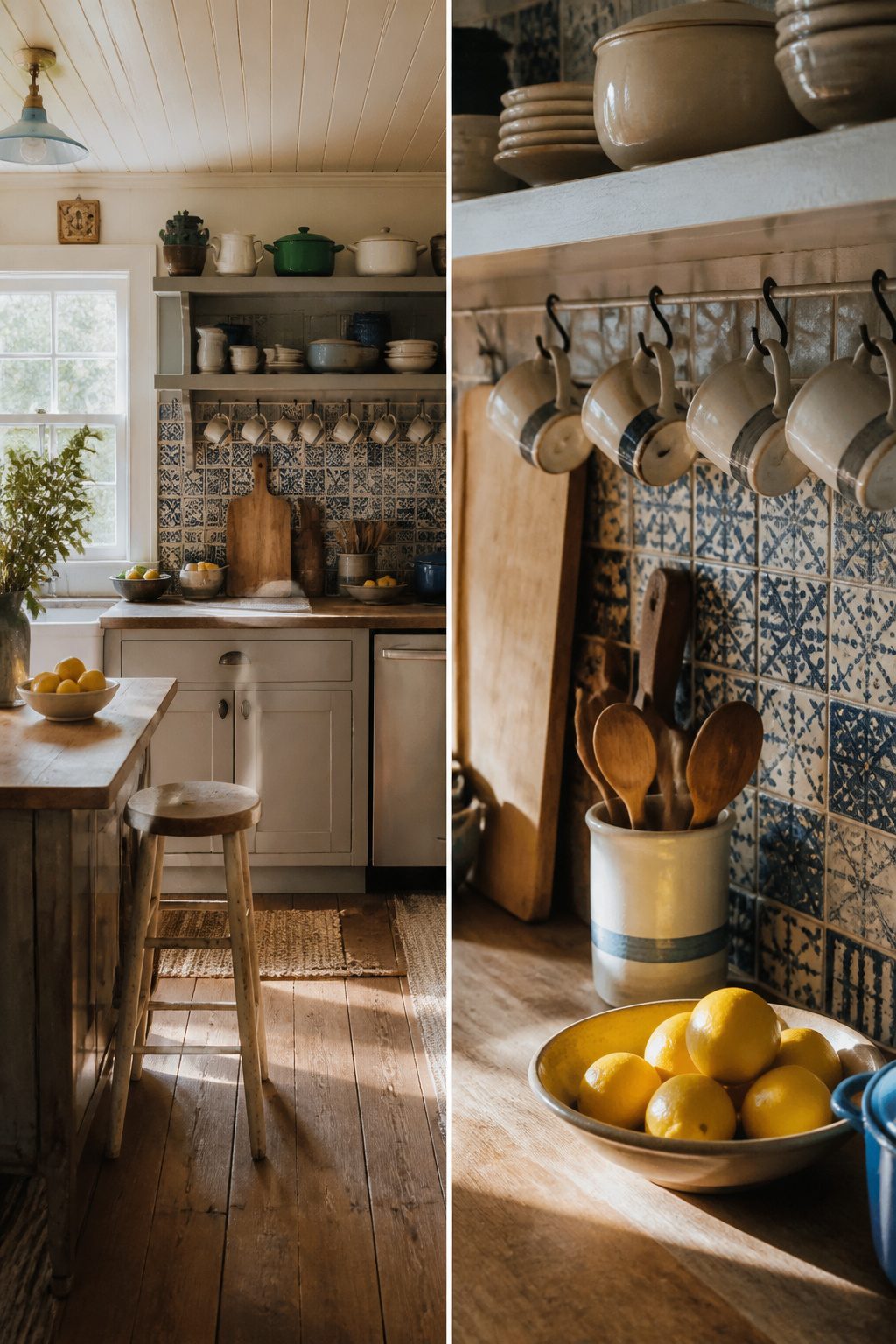 12 Cozy Beach Cottage Decor Ideas for a Relaxed Coastal Home 4 A kitchen with blue tile backsplash and open shelving.