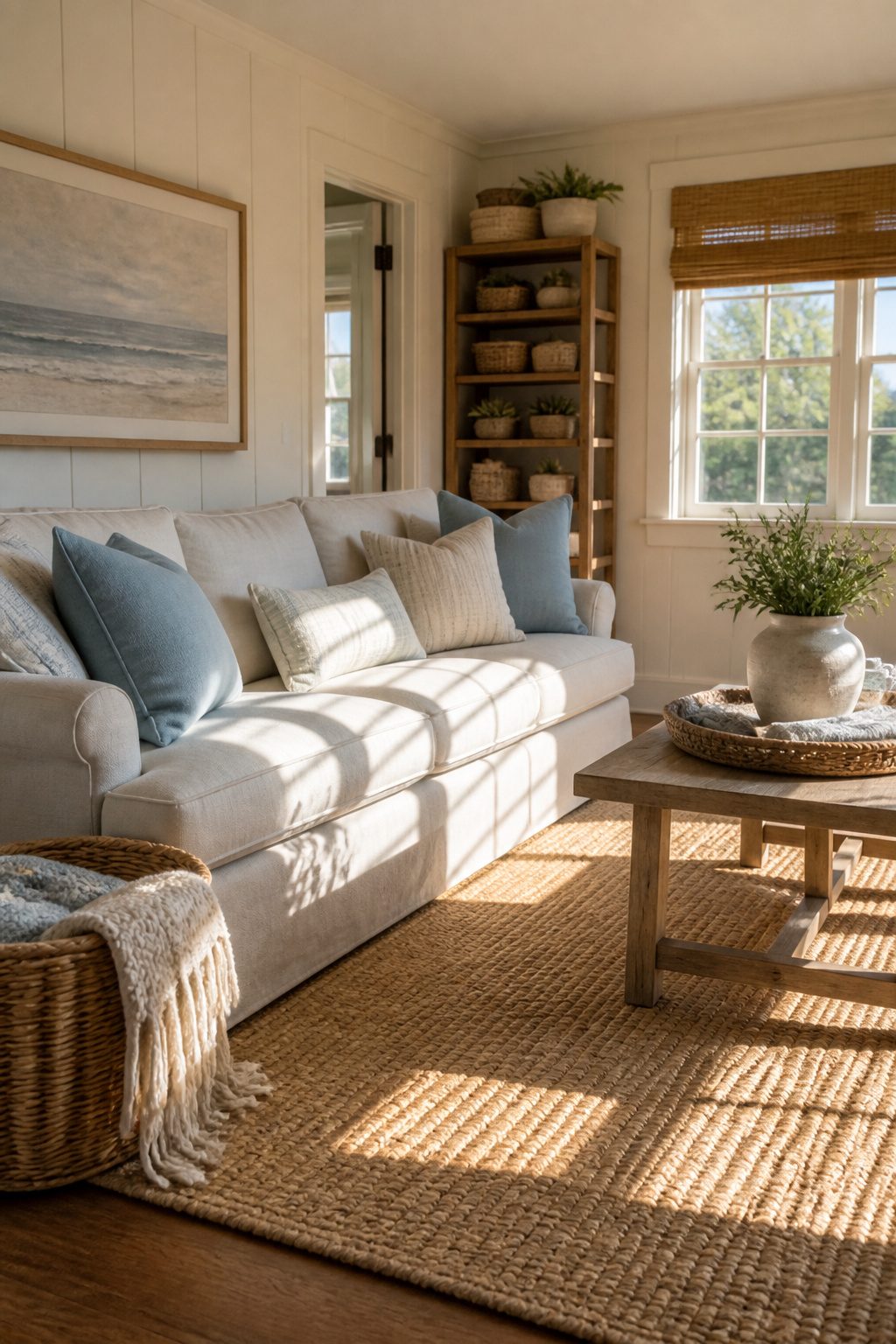 12 Cozy Beach Cottage Decor Ideas for a Relaxed Coastal Home 2 A linen sofa on a jute rug with wicker baskets.