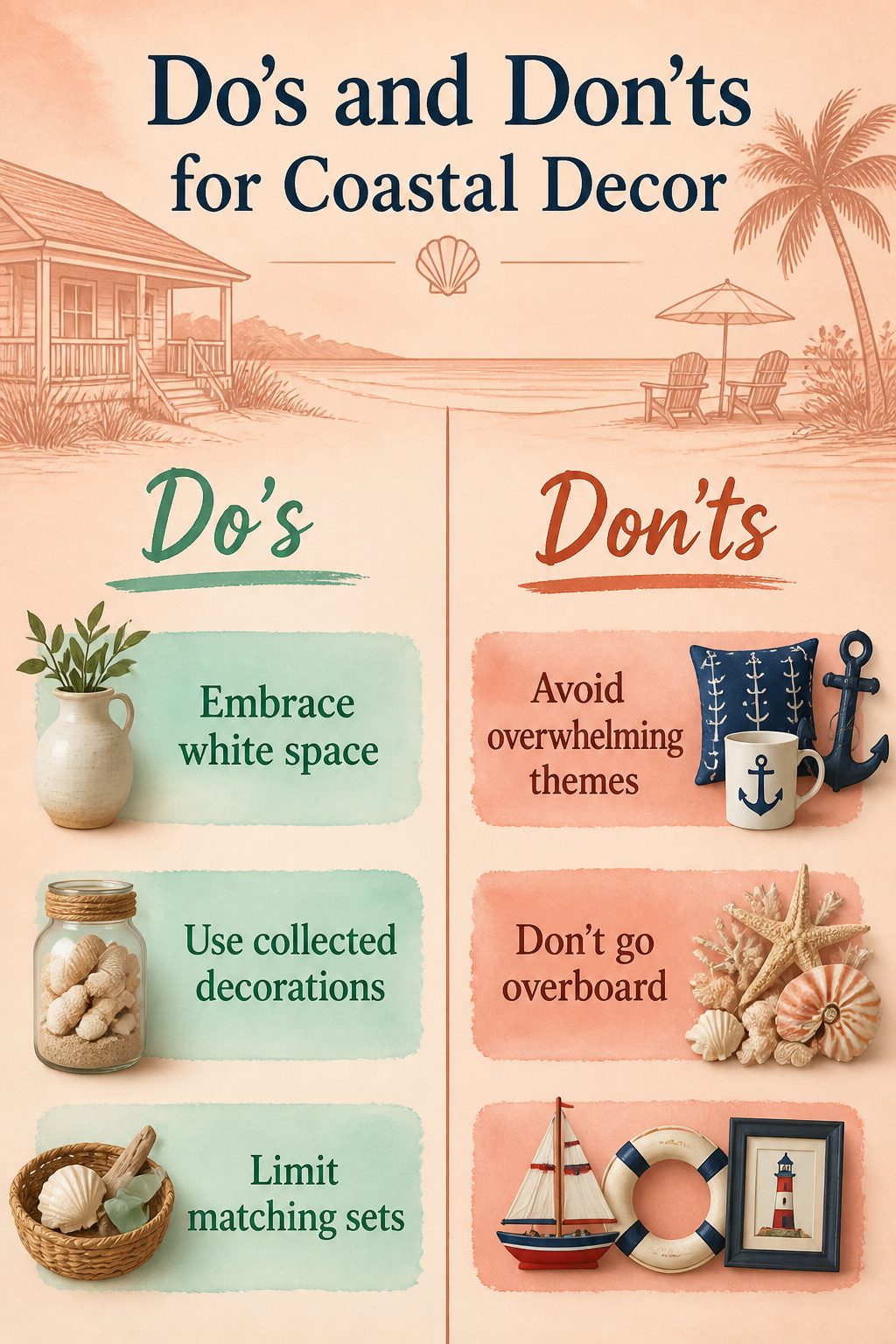 12 Cozy Beach Cottage Decor Ideas for a Relaxed Coastal Home 16 Decor with various coastal motifs and a neutral backdrop.