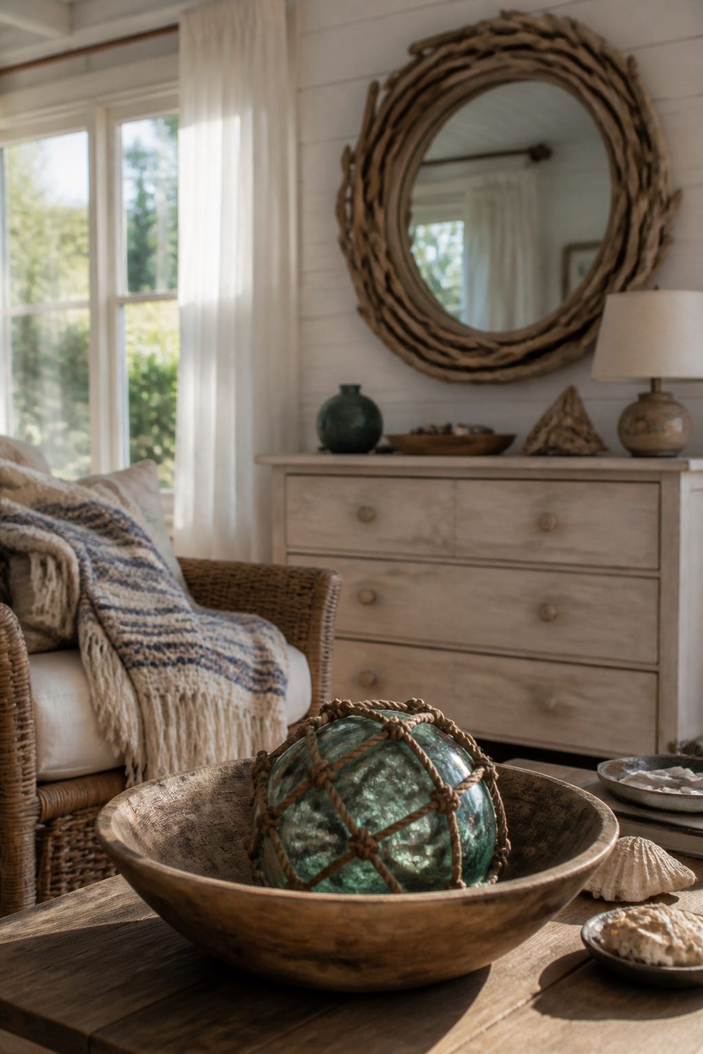 12 Cozy Beach Cottage Decor Ideas for a Relaxed Coastal Home 8 A driftwood mirror above a dresser with personal items.