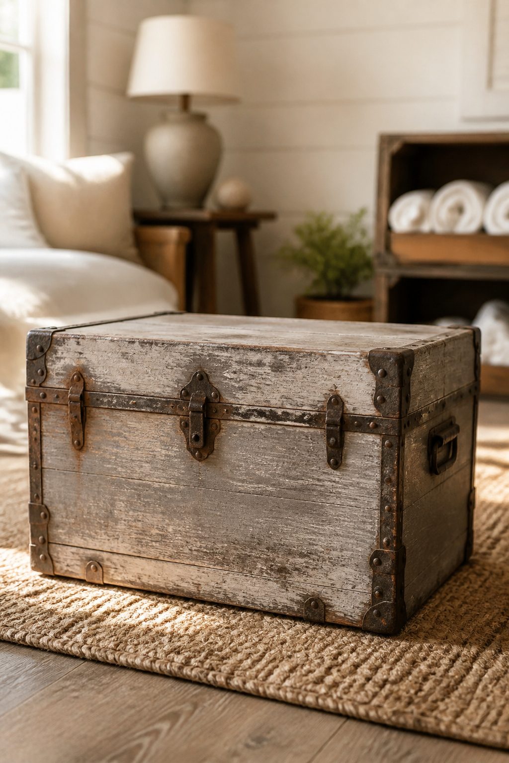 12 Cozy Beach Cottage Decor Ideas for a Relaxed Coastal Home 9 Old trunks and wooden crates showing signs of wear.