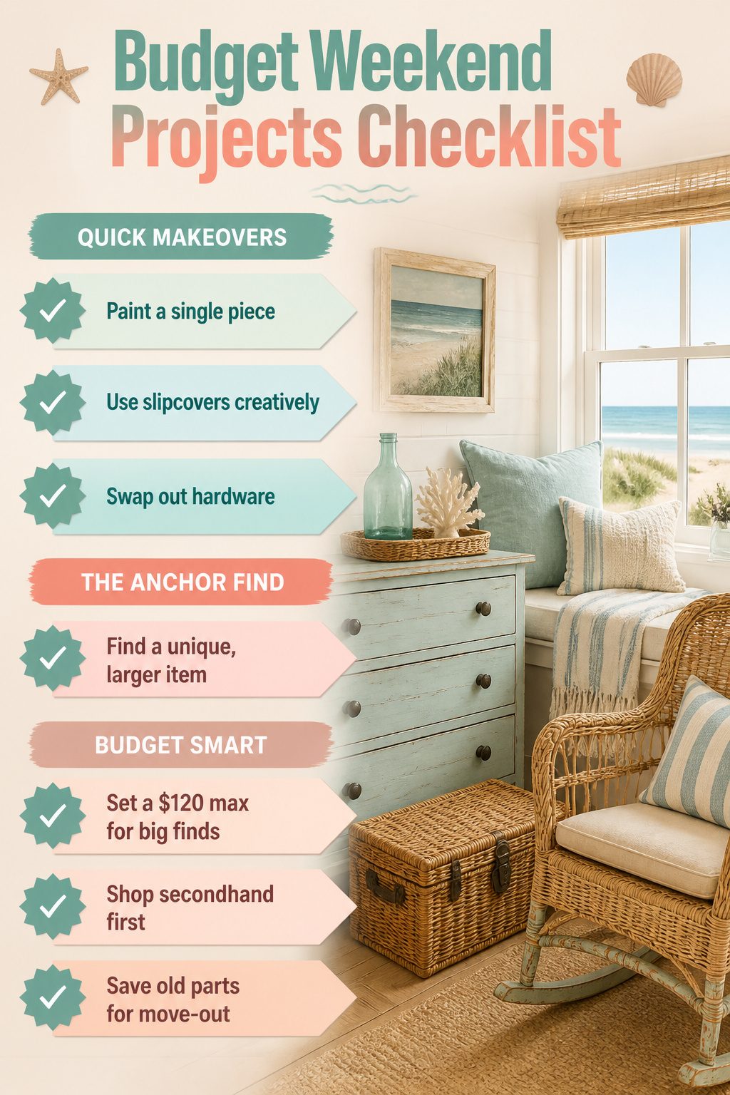 12 Cozy Beach Cottage Decor Ideas for a Relaxed Coastal Home 17 Checklist of budget-friendly weekend projects for home decor.