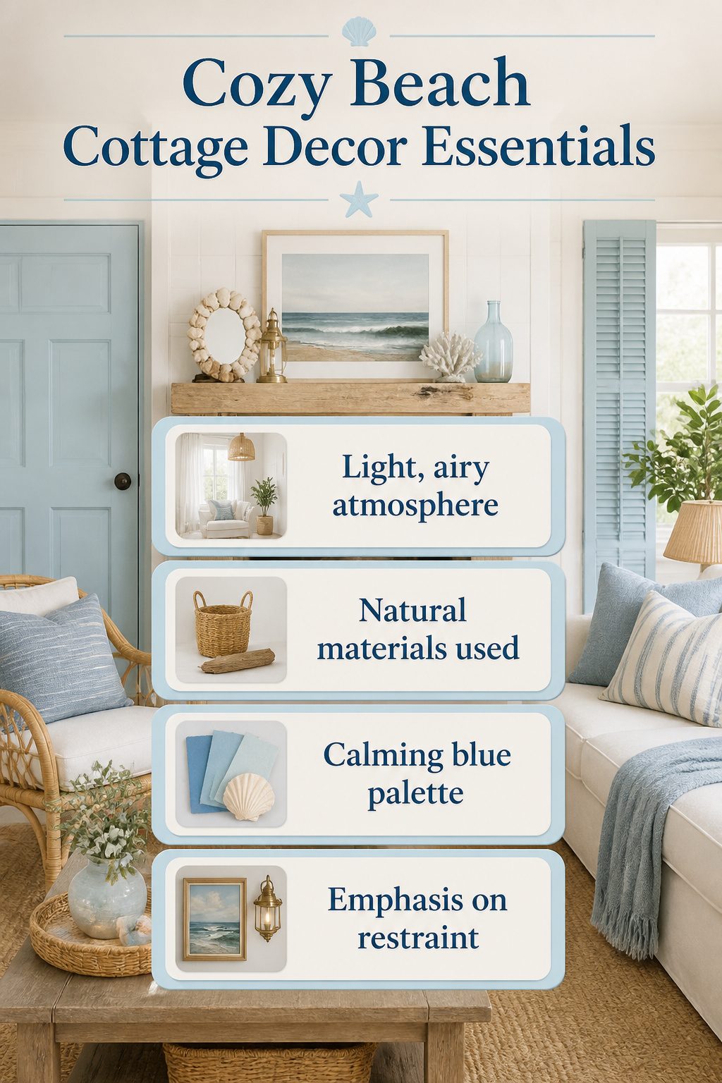 12 Cozy Beach Cottage Decor Ideas for a Relaxed Coastal Home 13 A room styled with coastal decor elements, away from the beach.