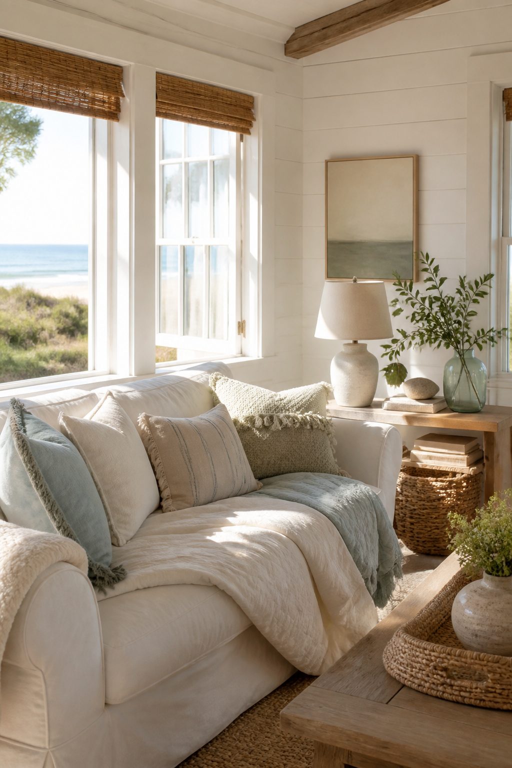 12 Cozy Beach Cottage Decor Ideas for a Relaxed Coastal Home 12 A beach cottage with warm white walls and natural wood accents.