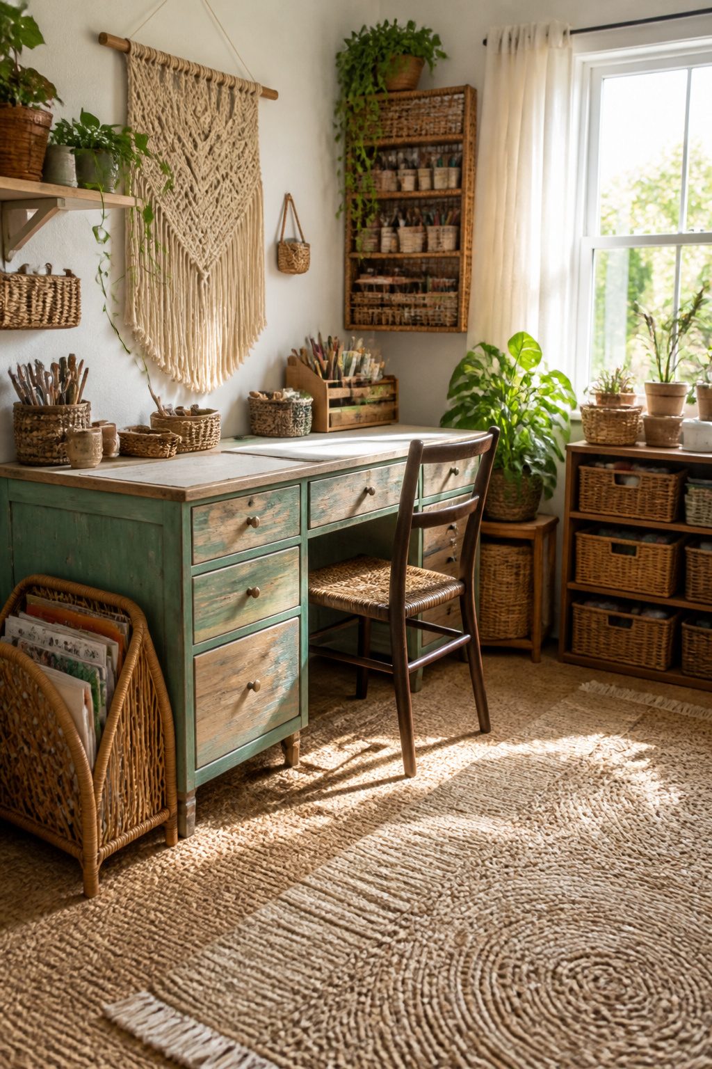 8 Craft Room Inspiration Ideas for Organized, Creative Spaces 1 A craft room with jute and cotton rugs, a desk, and macramé wall art.