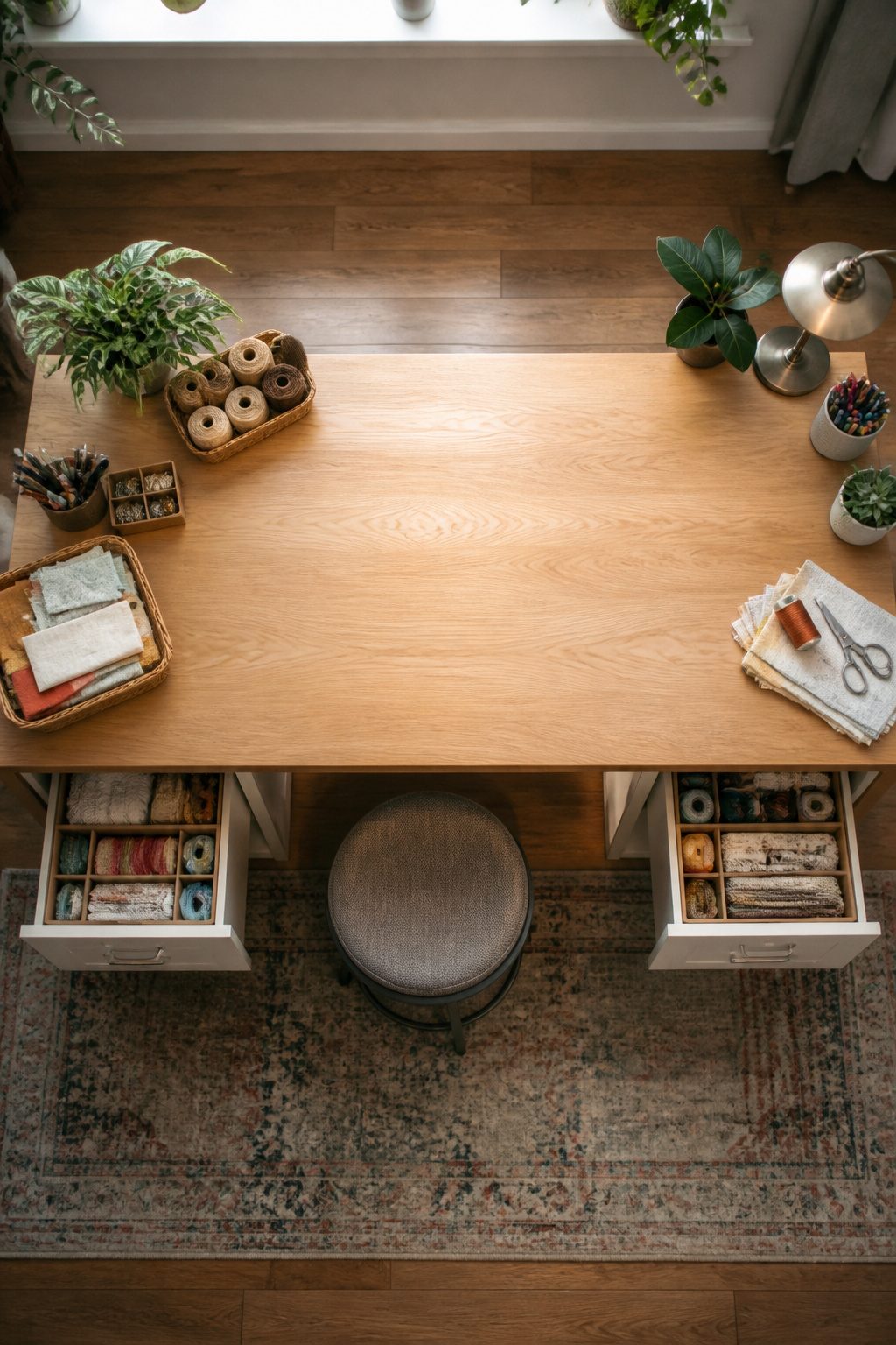 8 Craft Room Inspiration Ideas for Organized, Creative Spaces 6 A craft table made from a hollow-core door and filing cabinets.