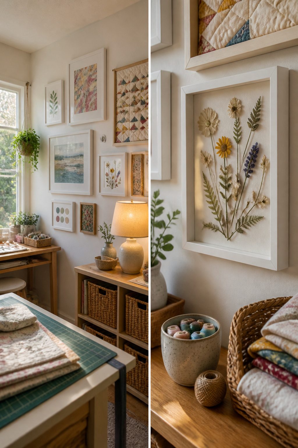 8 Craft Room Inspiration Ideas for Organized, Creative Spaces 4 Framed art and handmade pieces displayed on a craft room wall.