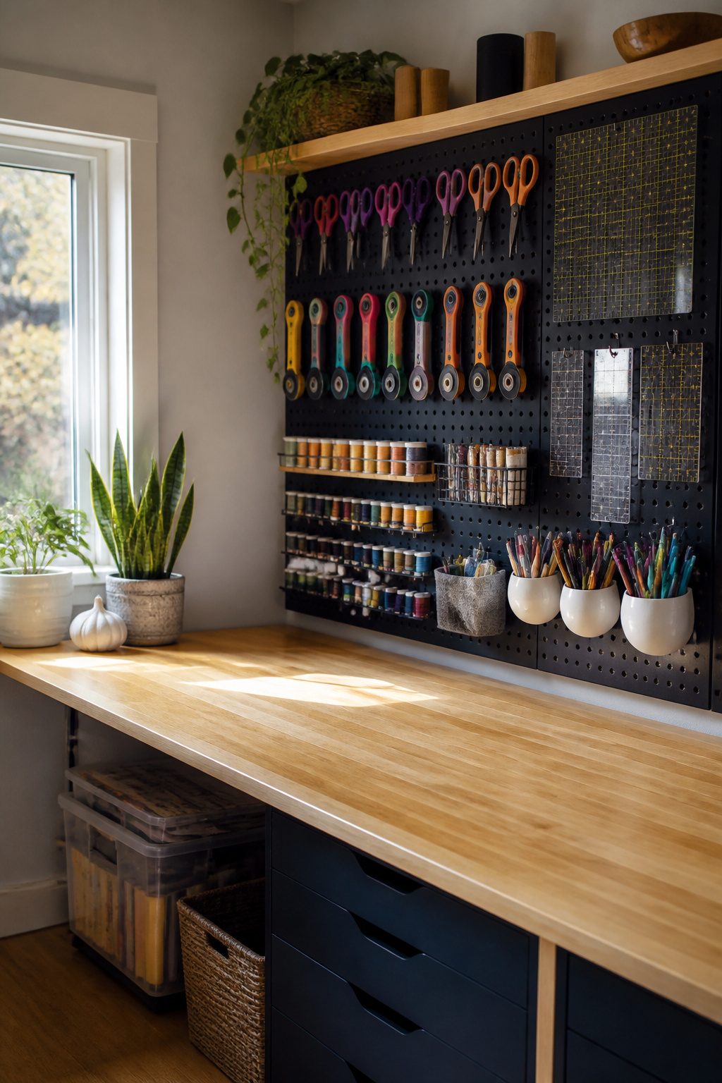 8 Craft Room Inspiration Ideas for Organized, Creative Spaces 3 A pegboard with scissors, rulers, and tools above a tidy worktable.