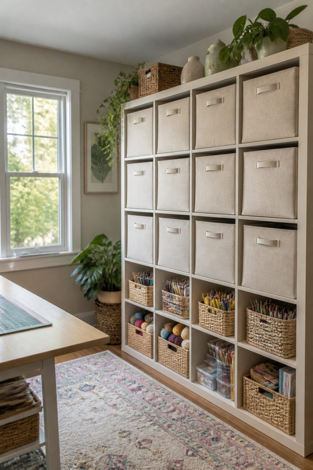8 Craft Room Inspiration Ideas for Organized, Creative Spaces 8 A shelving unit with matching collapsible bins and stackable baskets.