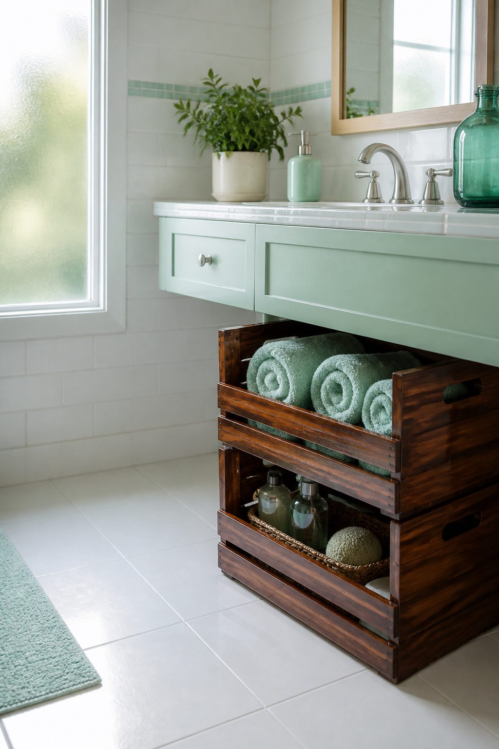 Two wooden crates stacked for storing towels in a bathroom.