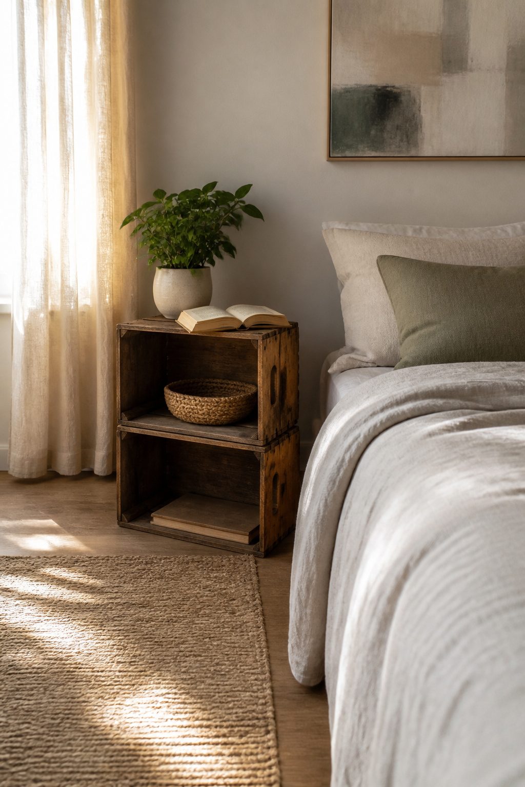 Two stacked wooden crates functioning as a bedside table.