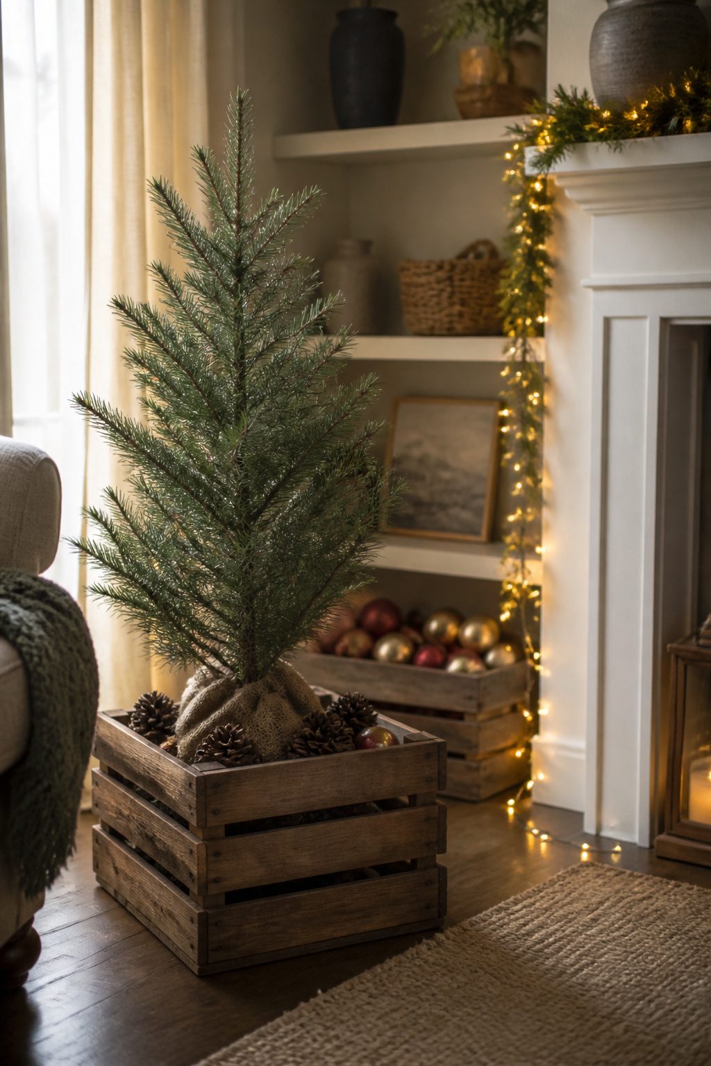 A wooden crate with a Christmas tree and pinecones.