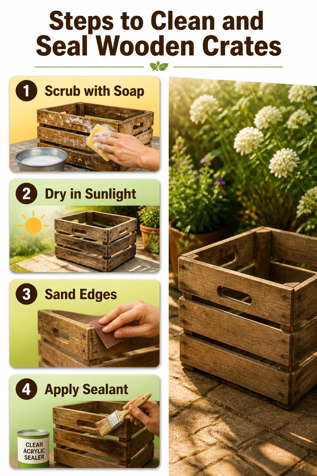 Steps to clean and seal wooden crates for use.