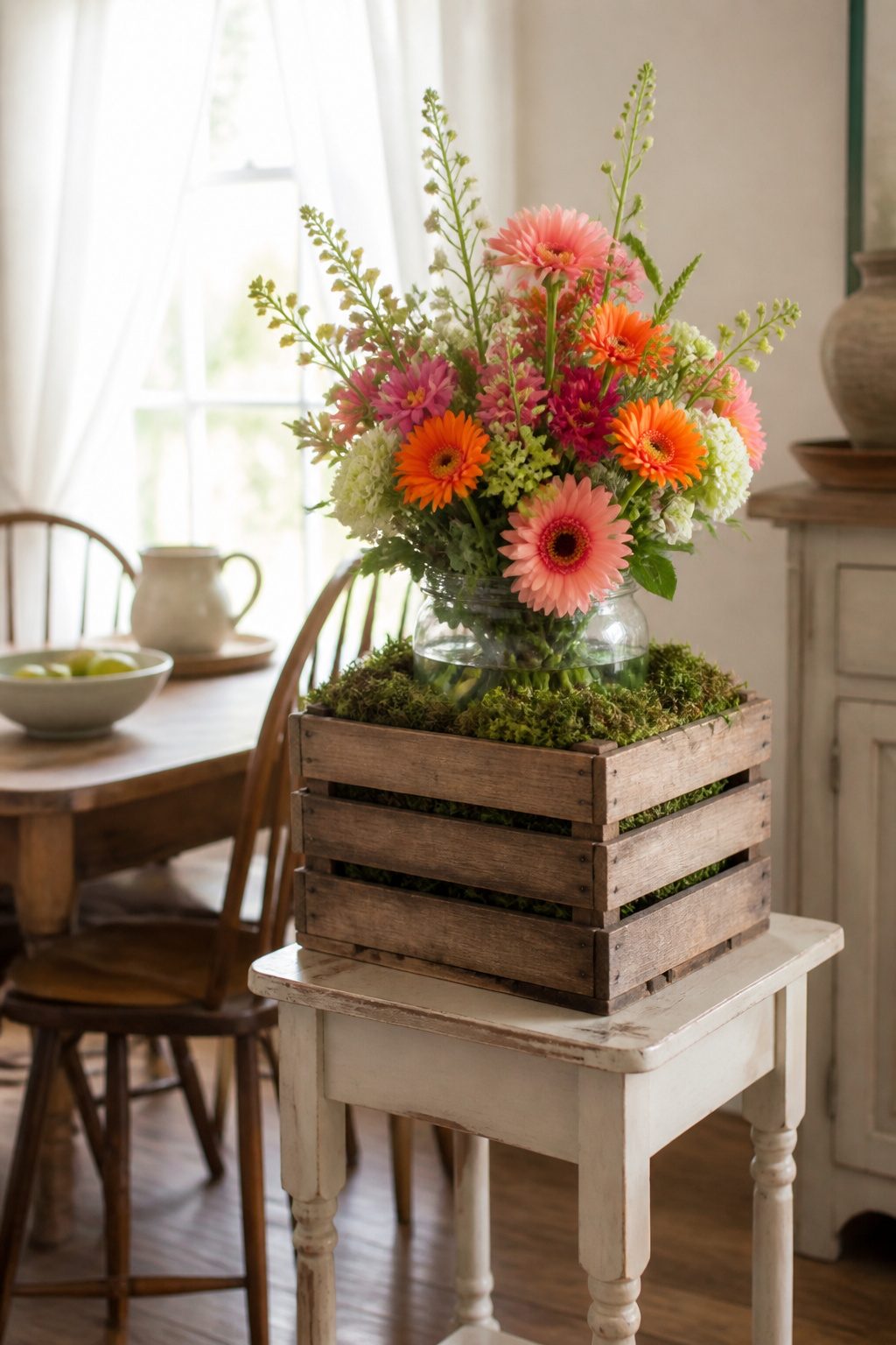 A crate holding a mason jar with flowers for decoration.