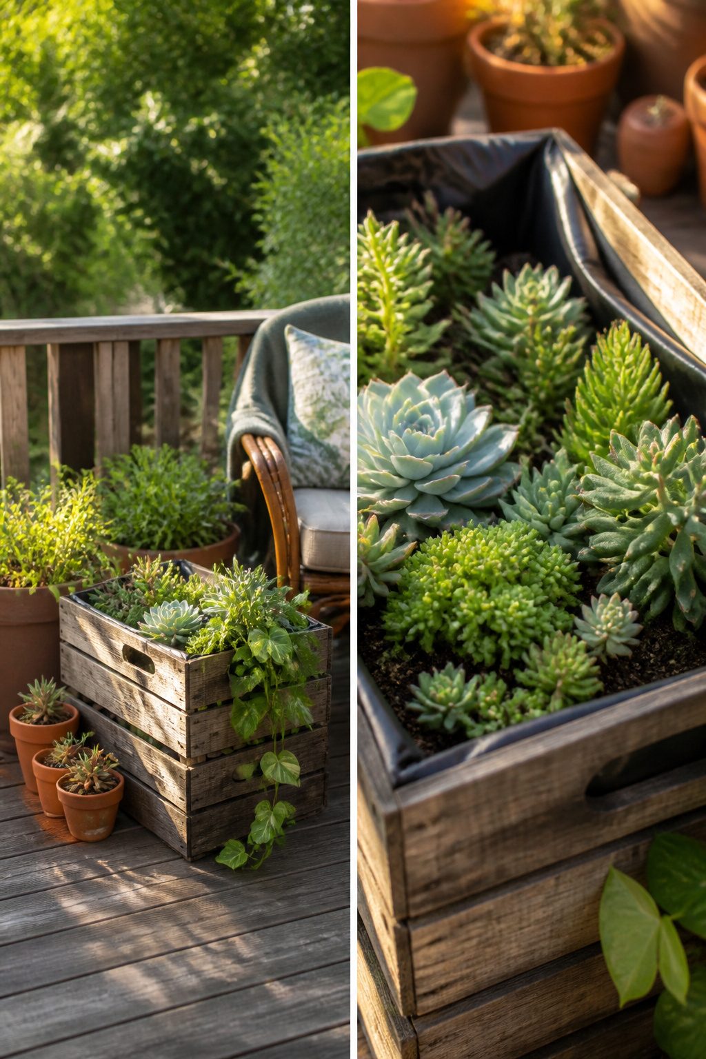 Wooden crates used as planters filled with greenery.