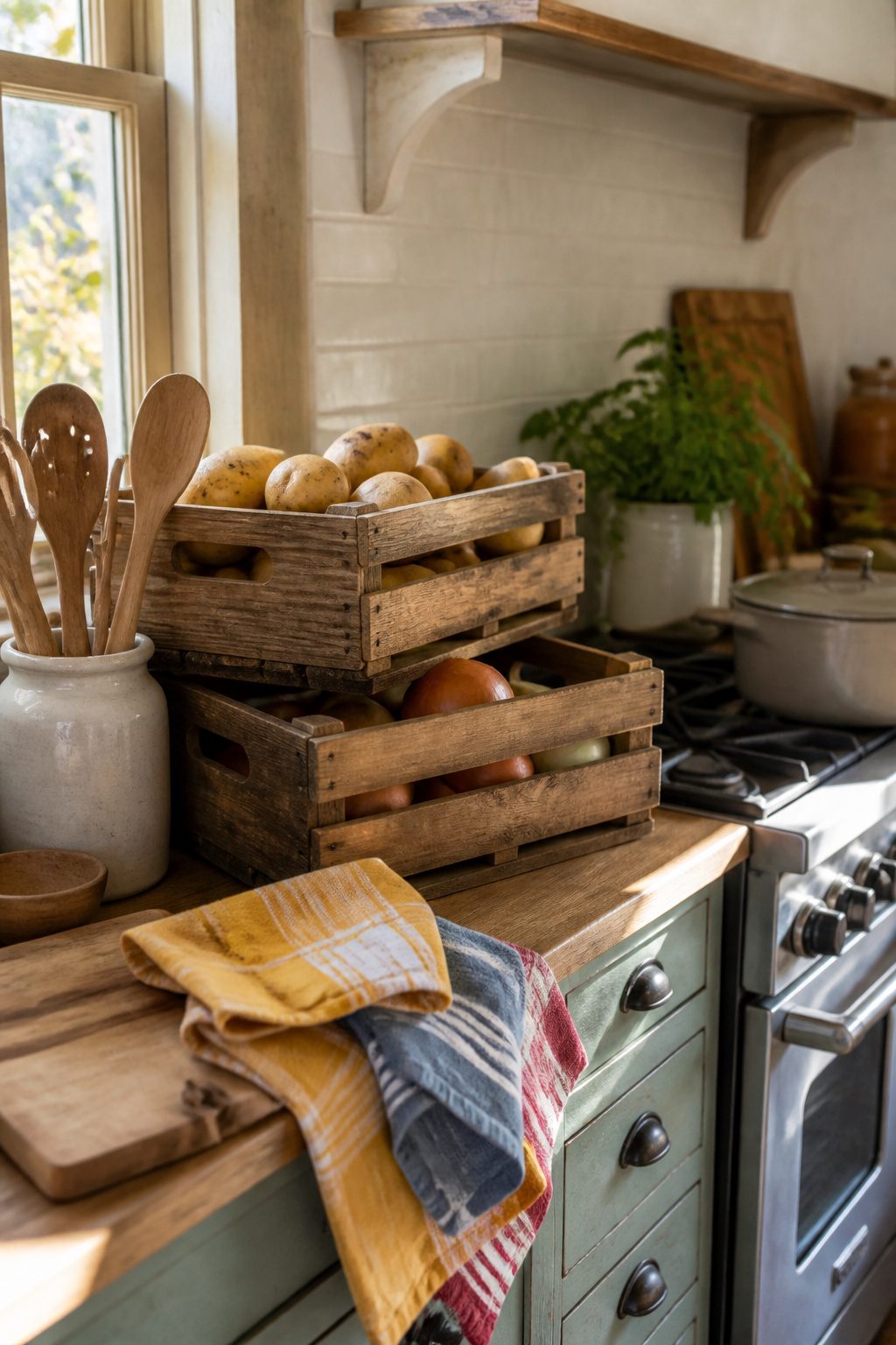 Wooden crates on a kitchen counter holding vegetables.