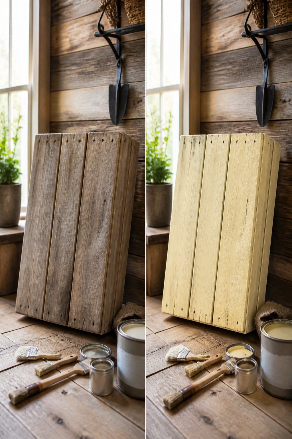 A painted wooden crate with a stenciled design.