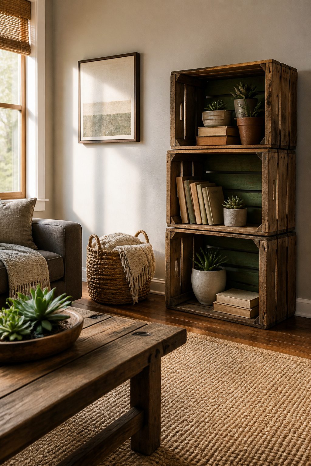 Wooden crates stacked as shelves displaying books and decor.
